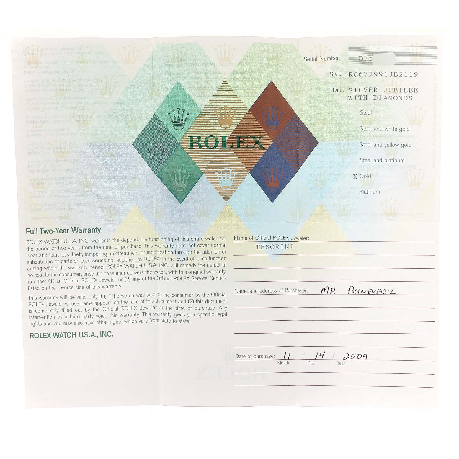 This image shows the warranty card and details for the Rolex Cellini 6672 Women's White Gold Silver Dial 6672 Women's White Gold Silver Dial watch, showcasing buyer information and warranty terms.