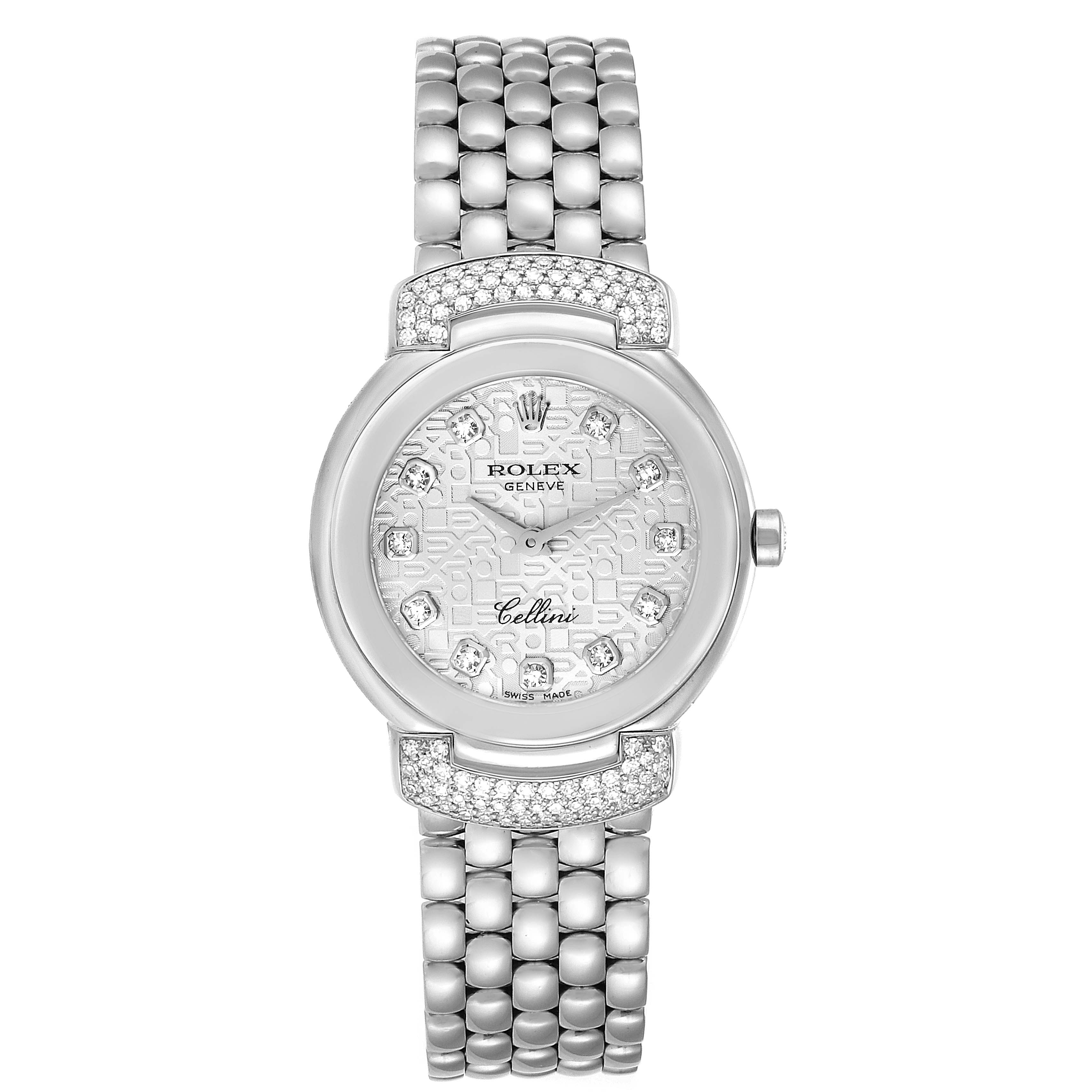 This image shows the front view of a Rolex Cellini 6672 Women's White Gold Silver Dial 6672 Women's White Gold Silver Dial watch, displaying its dial, bezel, and metal bracelet.
