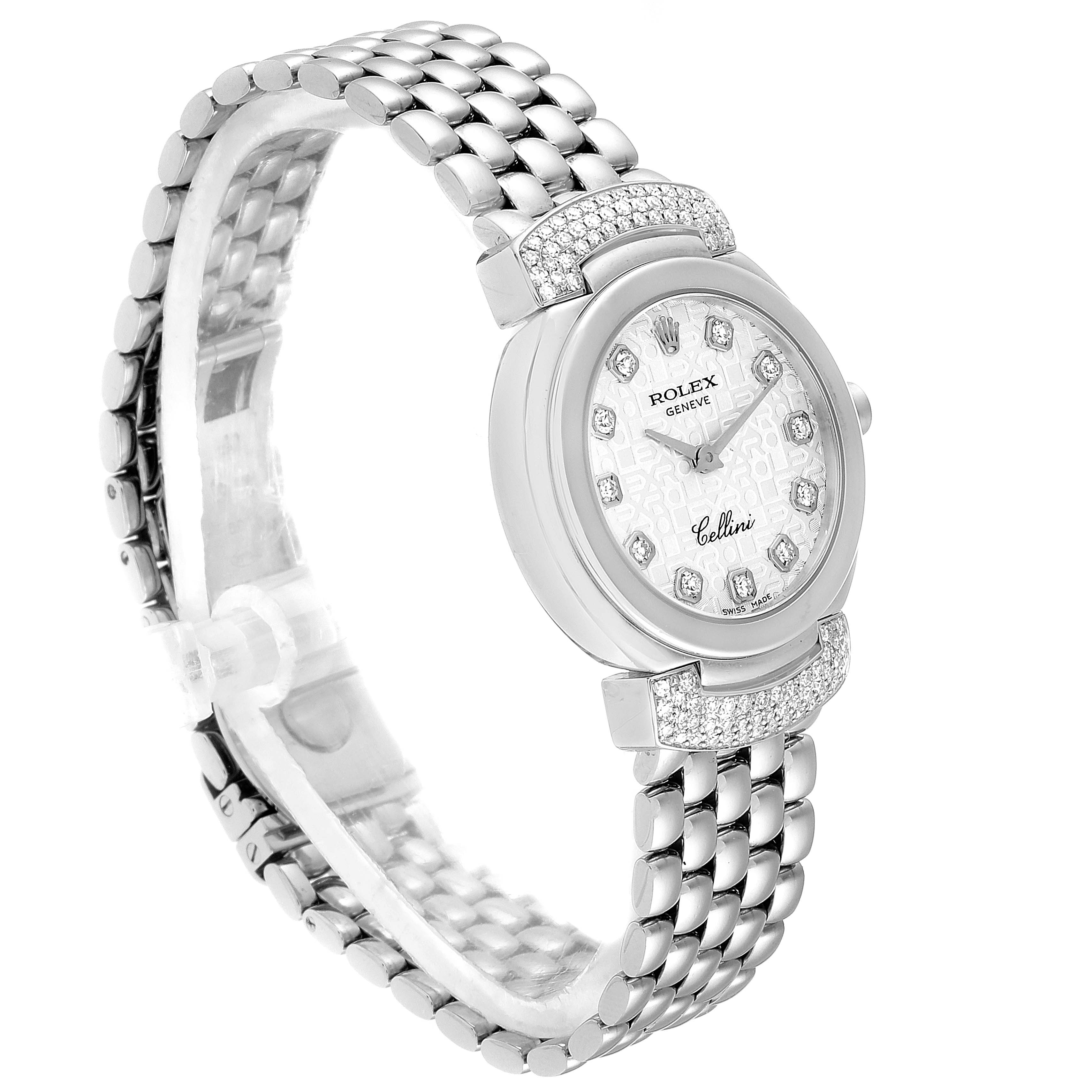 The Rolex Cellini 6672 Women's White Gold Silver Dial 6672 Women's White Gold Silver Dial watch shown is viewed at an angle displaying its face, bracelet, and side profile.