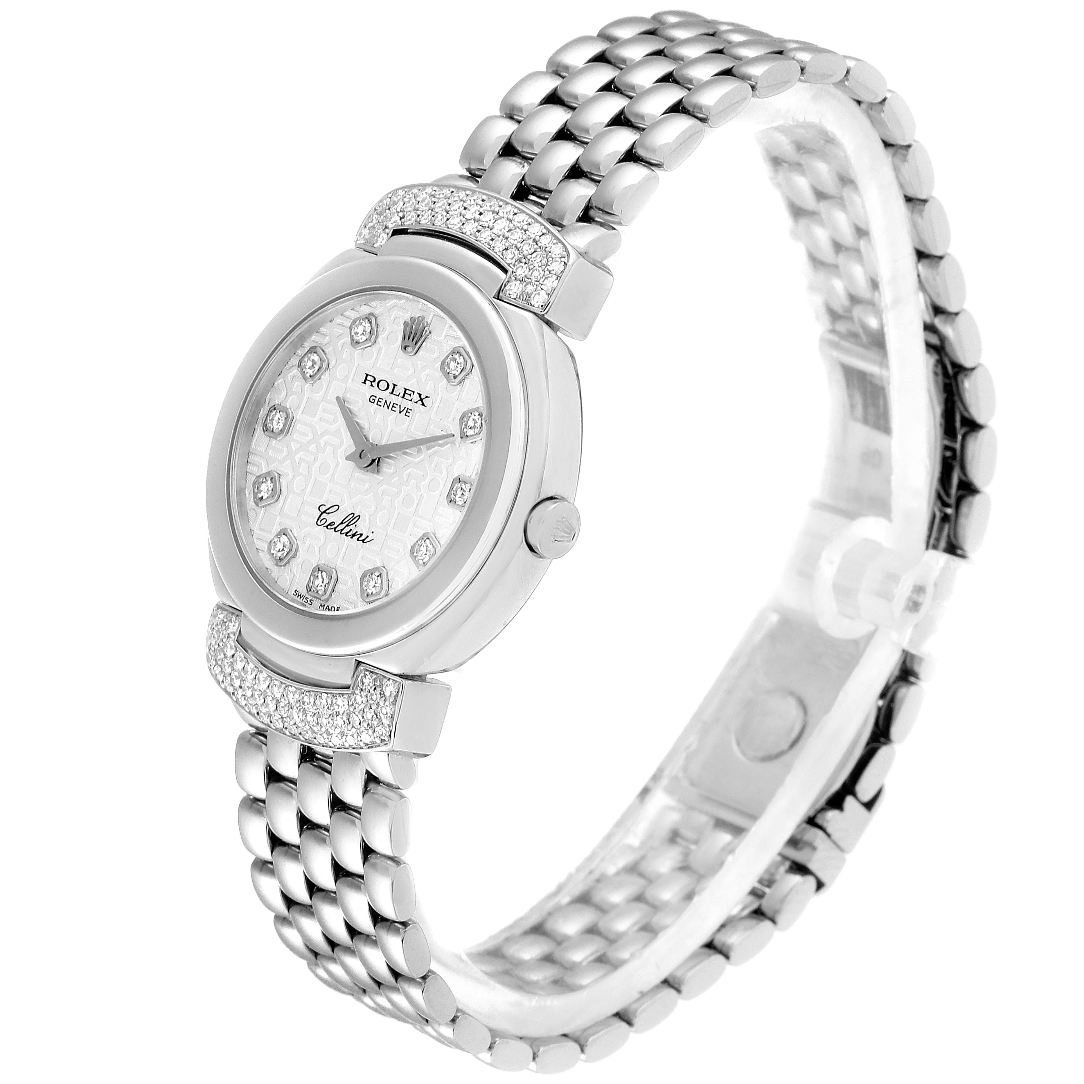 The image shows a tilted side view of a Rolex Cellini 6672 Women's White Gold Silver Dial 6672 Women's White Gold Silver Dial watch, highlighting the face, bezel, and part of the bracelet.