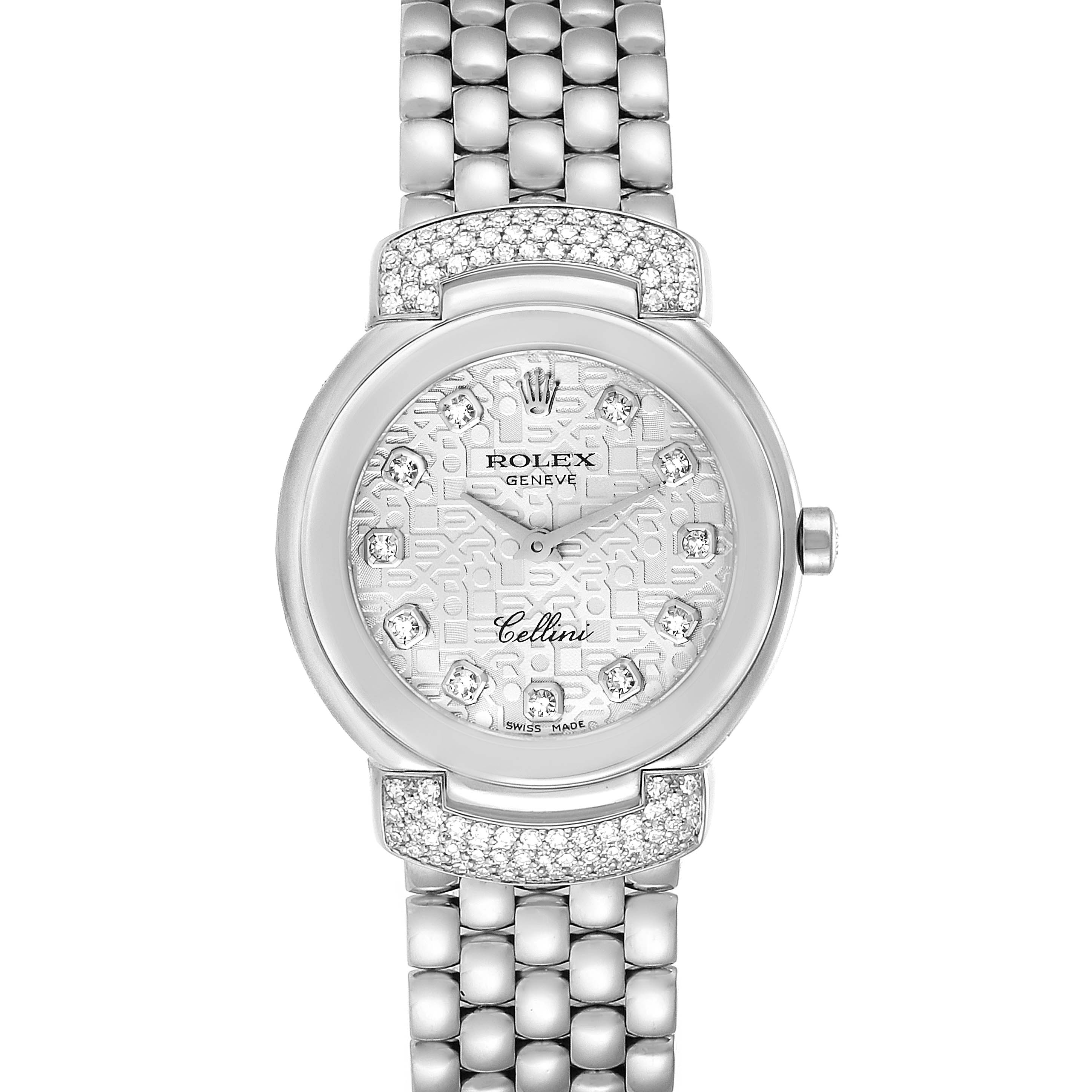 The image shows the front view of a Rolex Cellini 6672 Women's White Gold Silver Dial 6672 Women's White Gold Silver Dial watch, highlighting its dial, bezel, and bracelet.