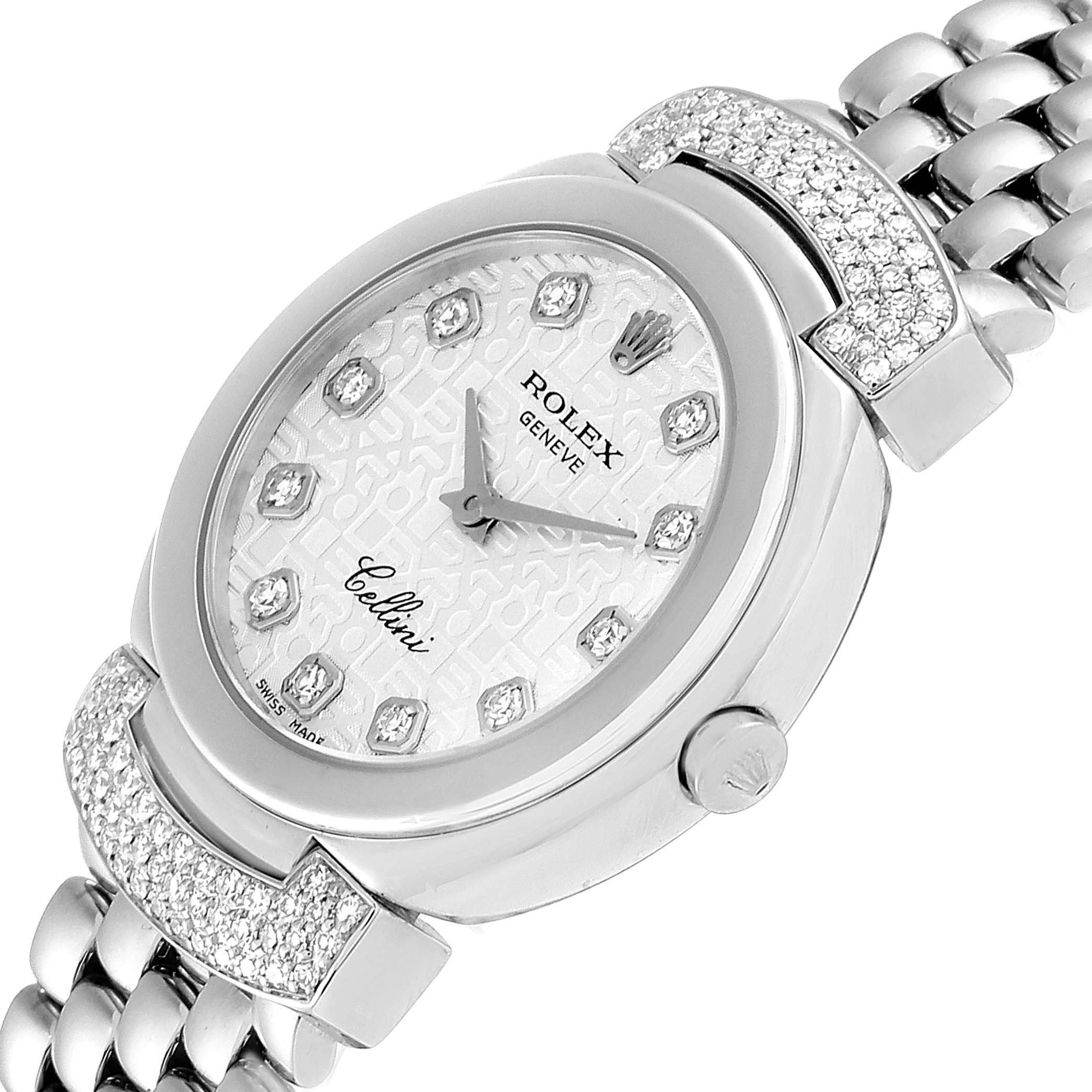 The image shows a close-up of the Rolex Cellini 6672 Women's White Gold Silver Dial 6672 Women's White Gold Silver Dial watch, highlighting its dial, diamond-studded hour markers, and part of the bracelet.