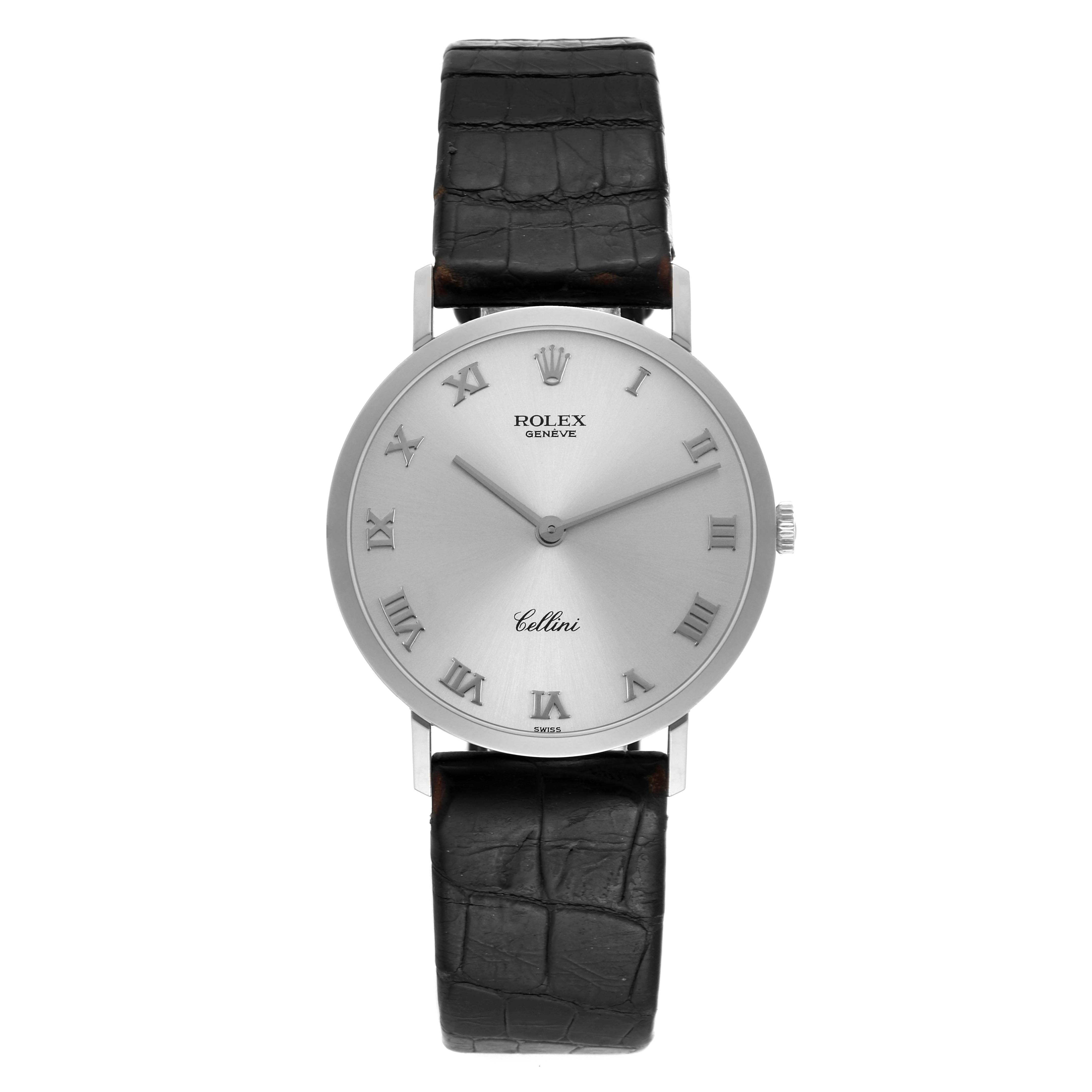 This image shows a front view of the Rolex Cellini 4112 Men
s White Gold Silver Dial 4112 Men
s White Gold Silver Dial watch, highlighting its face, Roman numerals, and black leather strap.