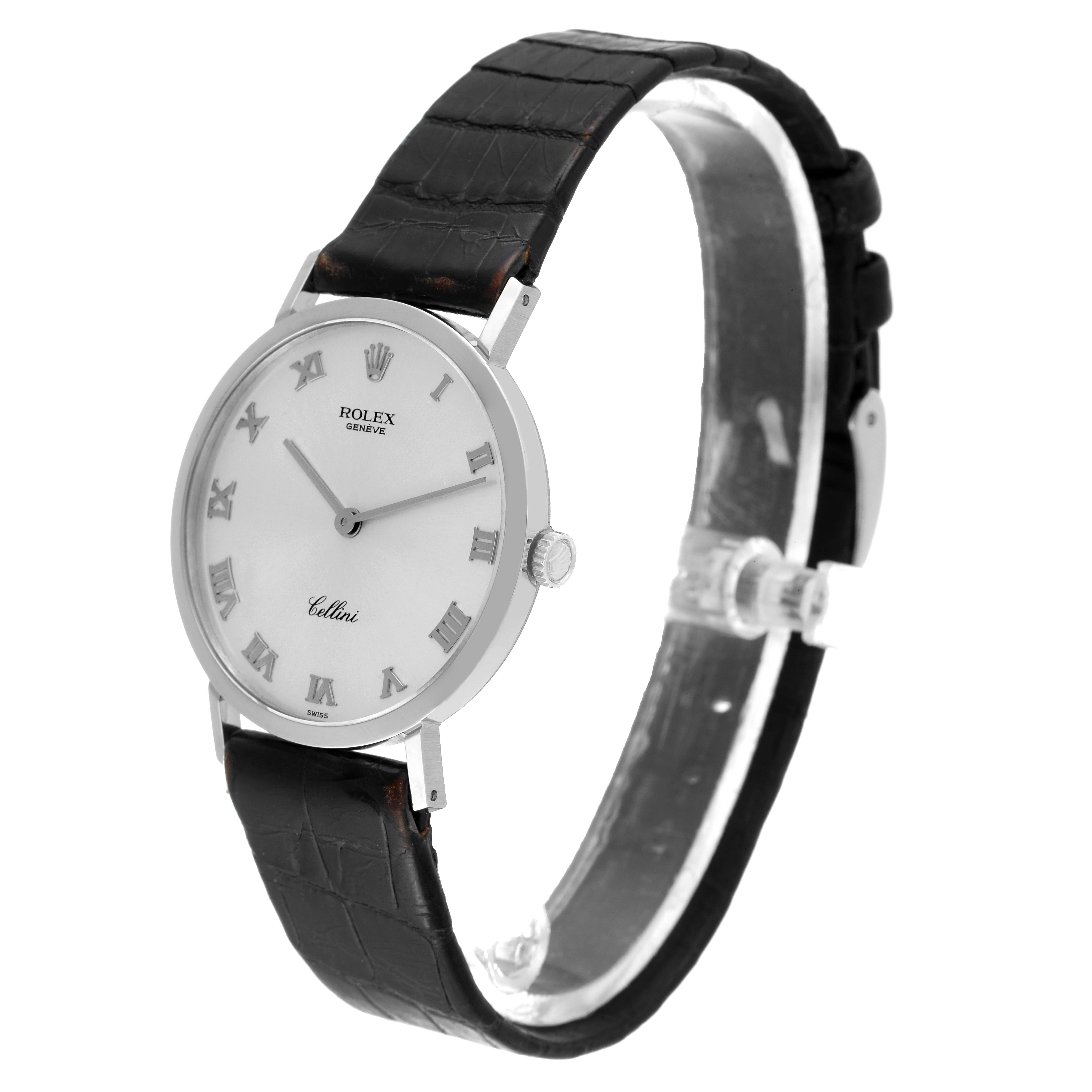 The Rolex Cellini 4112 Men
s White Gold Silver Dial 4112 Men
s White Gold Silver Dial watch is shown at a slight angle, displaying the face, Roman numerals, case, crown, and leather strap.