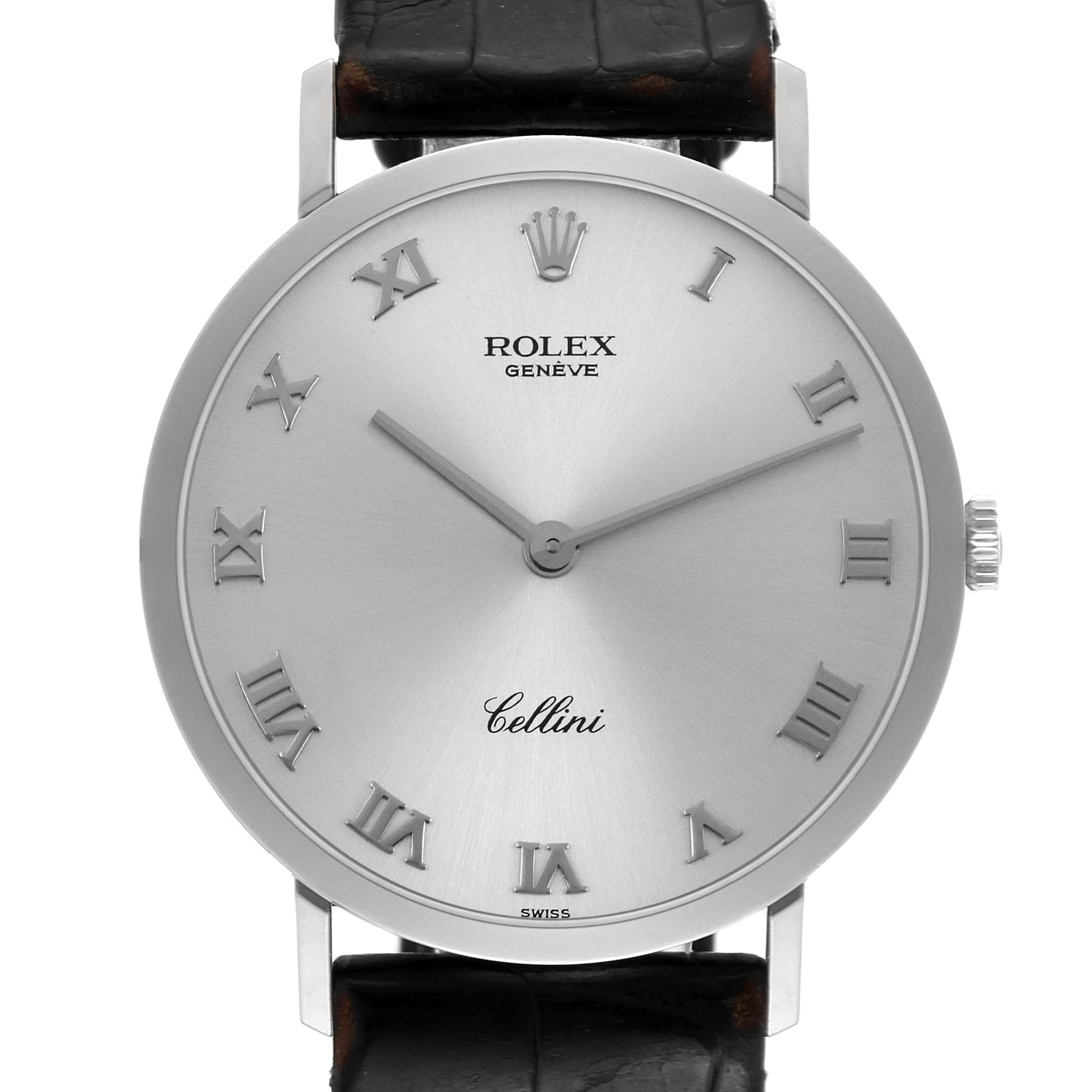 The image shows a frontal view of the Rolex Cellini 4112 Men
s White Gold Silver Dial 4112 Men
s White Gold Silver Dial watch, highlighting its Roman numeral markers and leather strap.