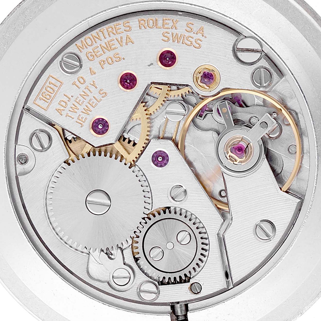 This image shows the internal mechanism and components of a Rolex Cellini 4112 Men
s White Gold Silver Dial 4112 Men
s White Gold Silver Dial watch, viewed from the back.