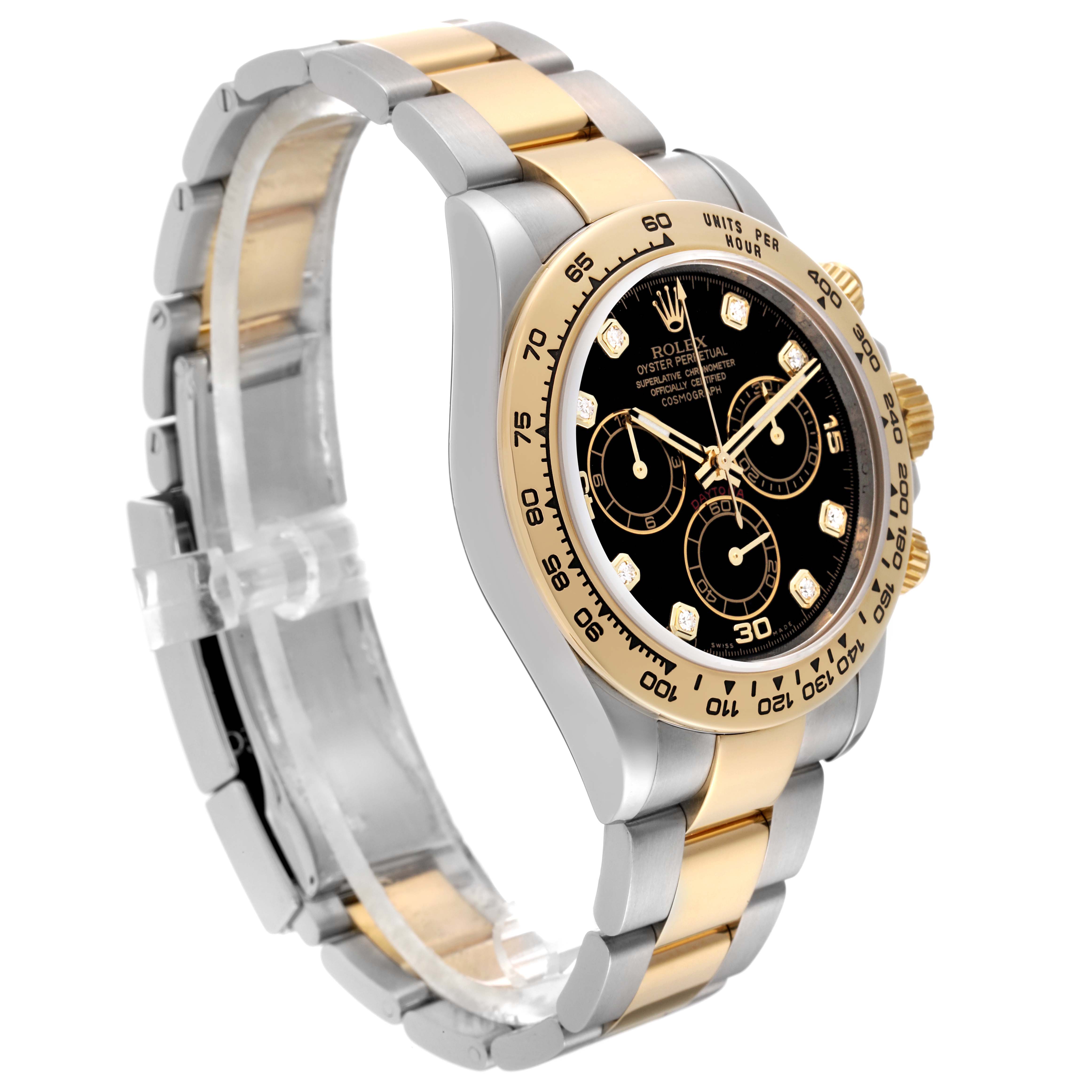 The image shows a side view of the Rolex Daytona 116503 Men
s Steel and Gold (two tone) Black Dial 116503 Men
s Steel and Gold (two tone) Black Dial watch, highlighting the bracelet, dial, and bezel.