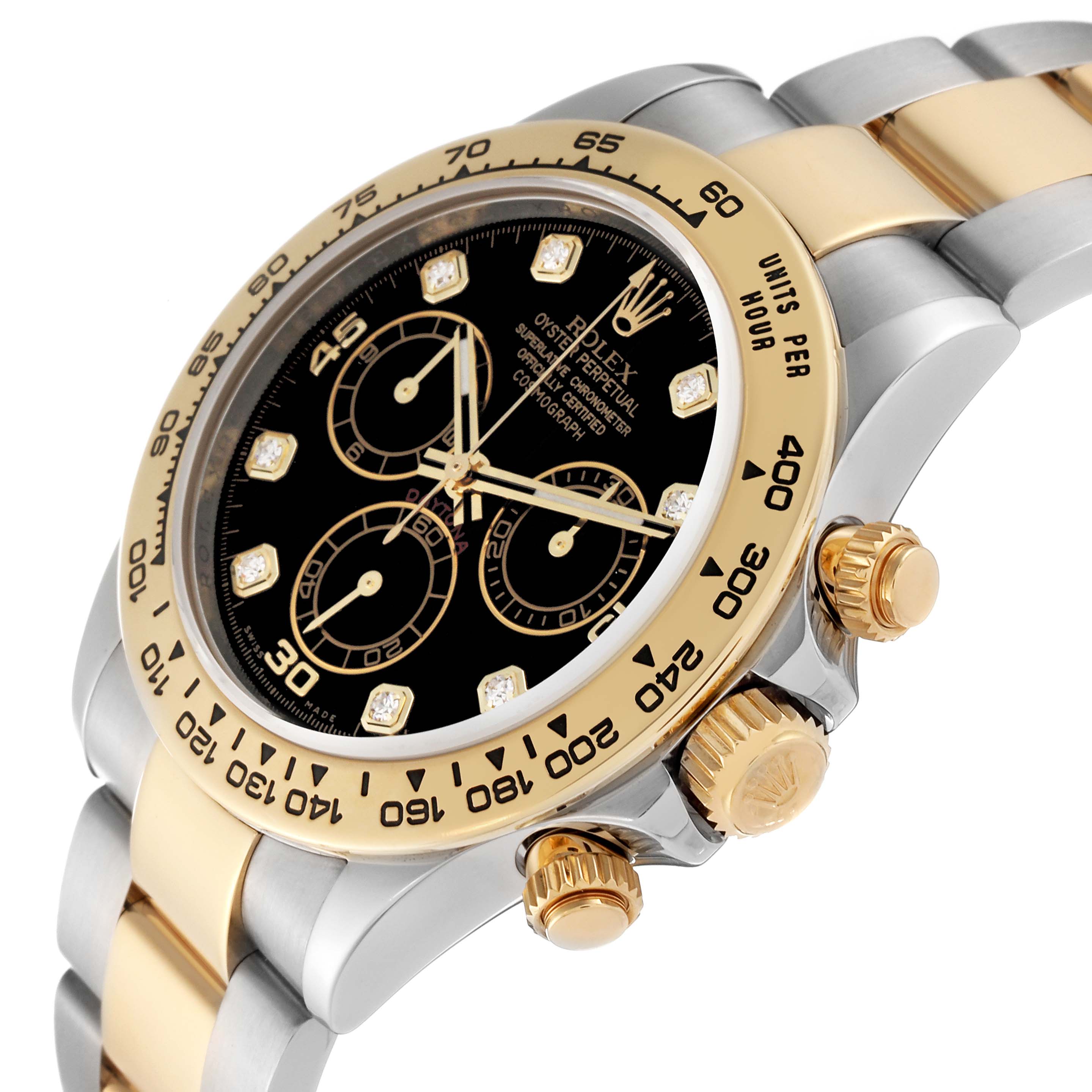 This image shows a Rolex Daytona 116503 Men
s Steel and Gold (two tone) Black Dial 116503 Men
s Steel and Gold (two tone) Black Dial watch at a slight angle, highlighting the bezel, dial, and crown details along with the bracelet.