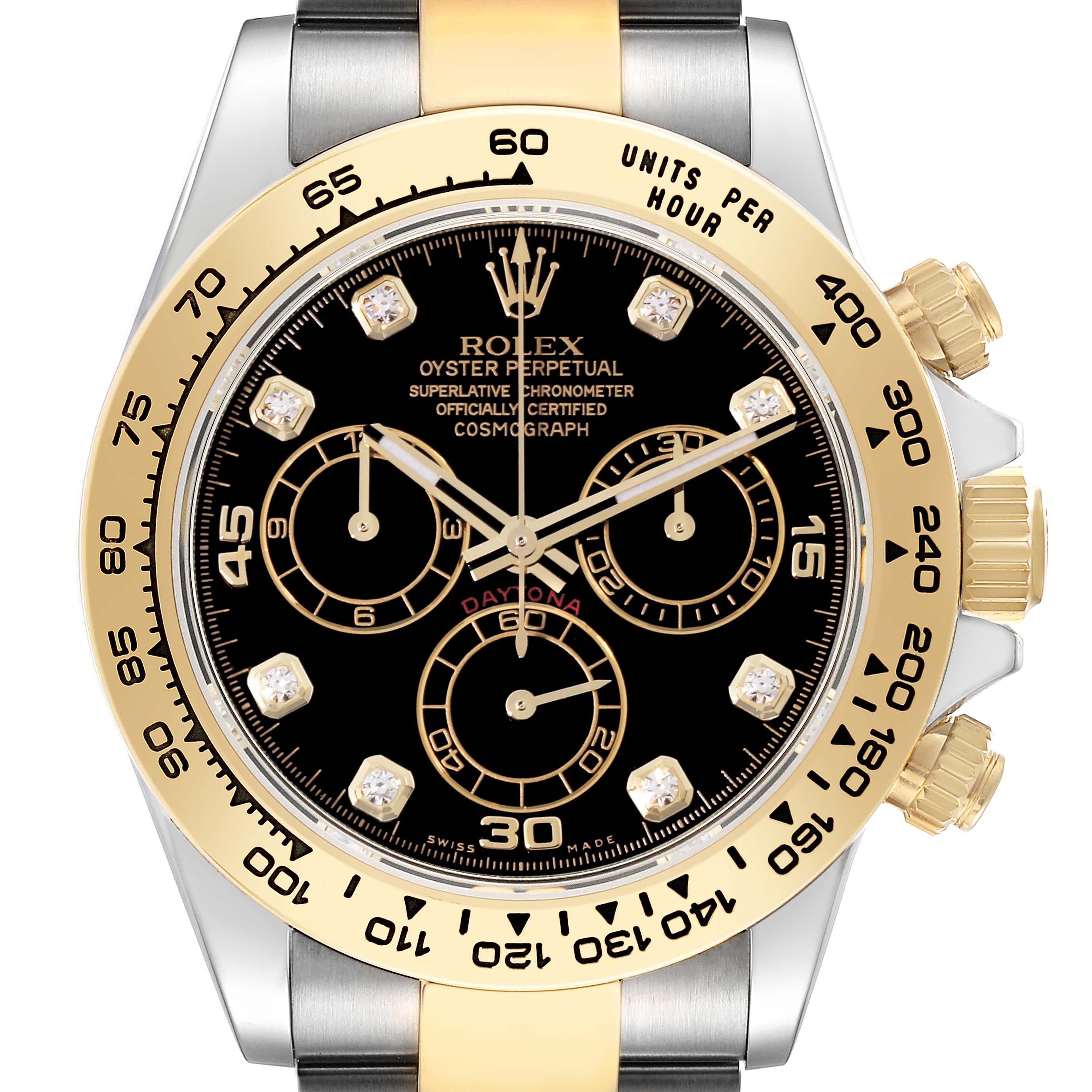 This image shows a Rolex Daytona 116503 Men
s Steel and Gold (two tone) Black Dial 116503 Men
s Steel and Gold (two tone) Black Dial watch face and bezel at a straight-on angle, highlighting its sub-dials, crown, and tachymeter scale.