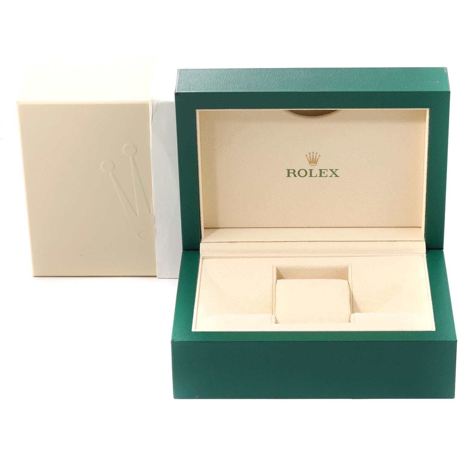 This image depicts a green and beige Rolex Daytona 116503 Men
s Steel and Gold (two tone) Black Dial 116503 Men
s Steel and Gold (two tone) Black Dial watch box, open to reveal the interior branding.