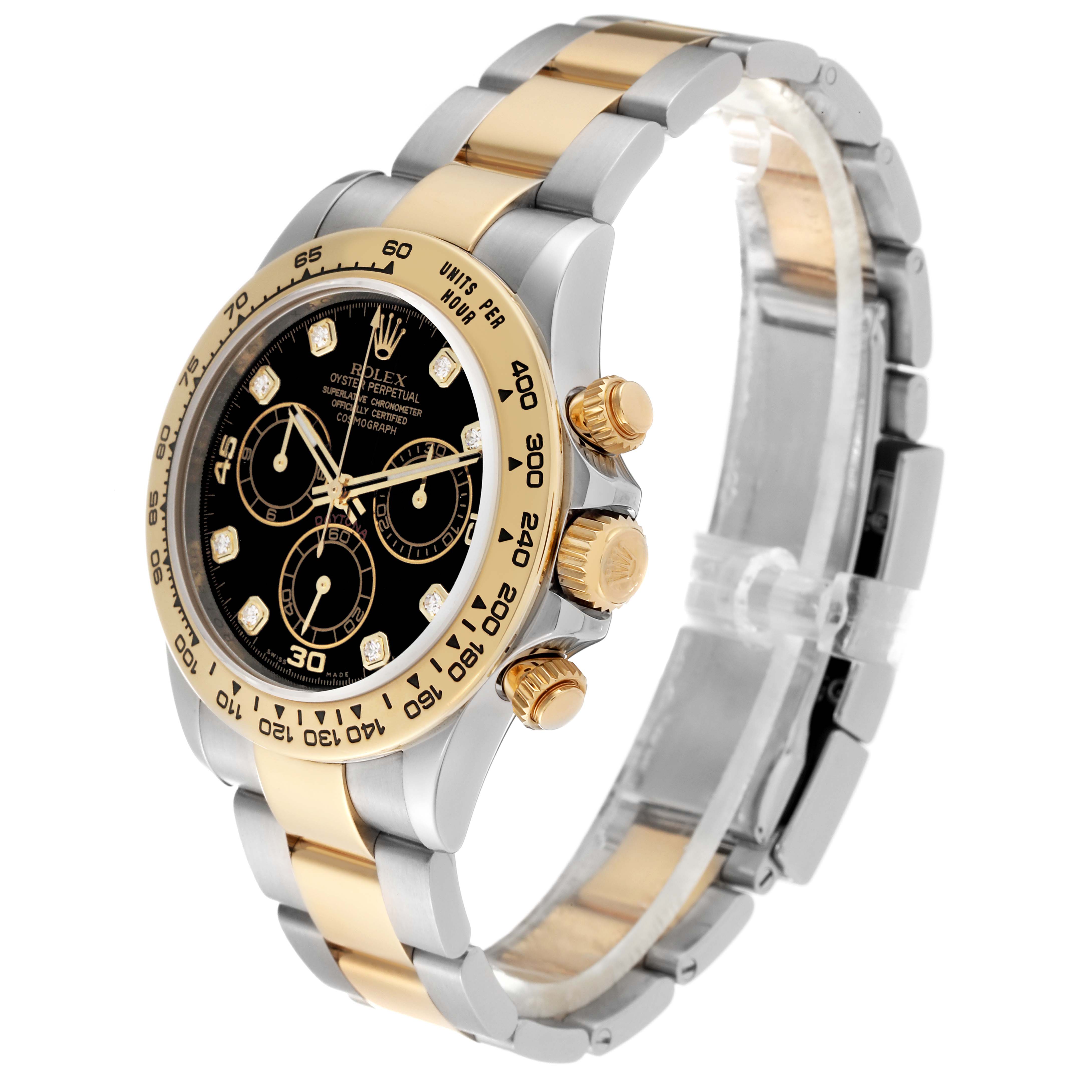 This image shows a side angle of a Rolex Daytona 116503 Men
s Steel and Gold (two tone) Black Dial 116503 Men
s Steel and Gold (two tone) Black Dial watch, highlighting its two-tone bracelet, bezel, dial, and chronograph buttons.
