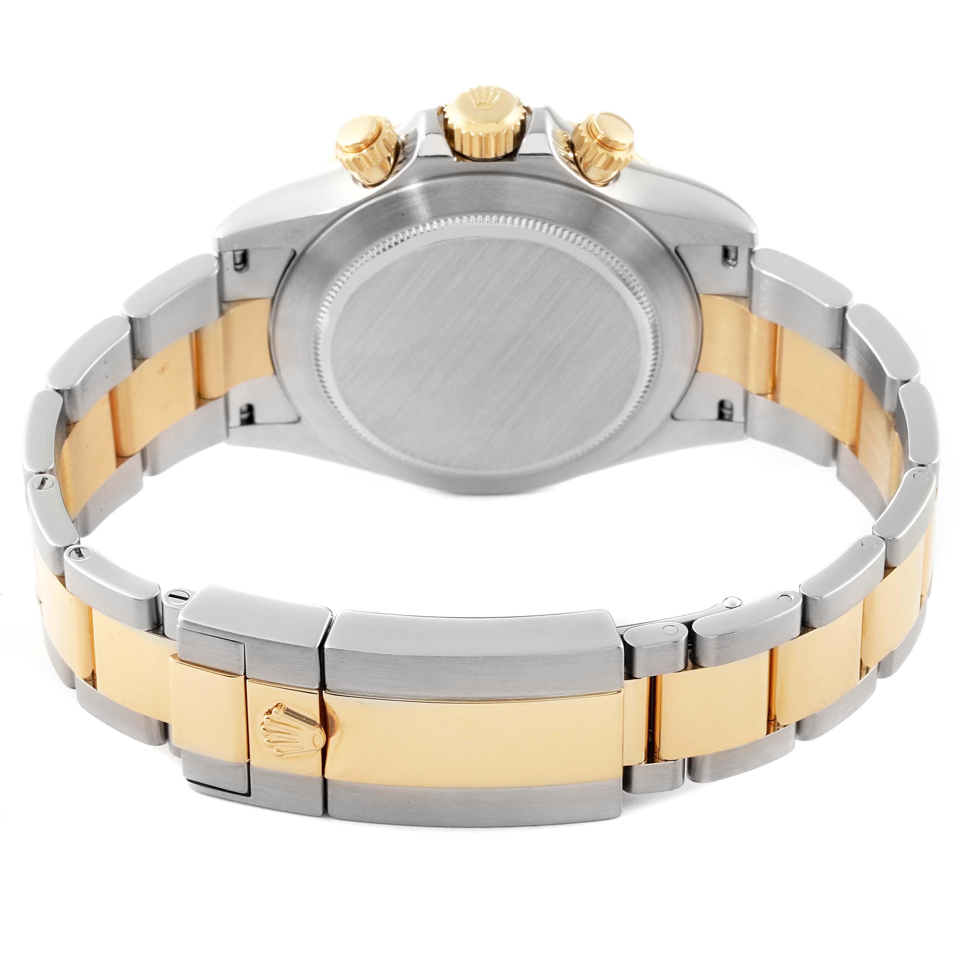 The image shows the back of a Rolex Daytona 116503 Men
s Steel and Gold (two tone) Black Dial 116503 Men
s Steel and Gold (two tone) Black Dial watch, focusing on its metal bracelet and clasp.