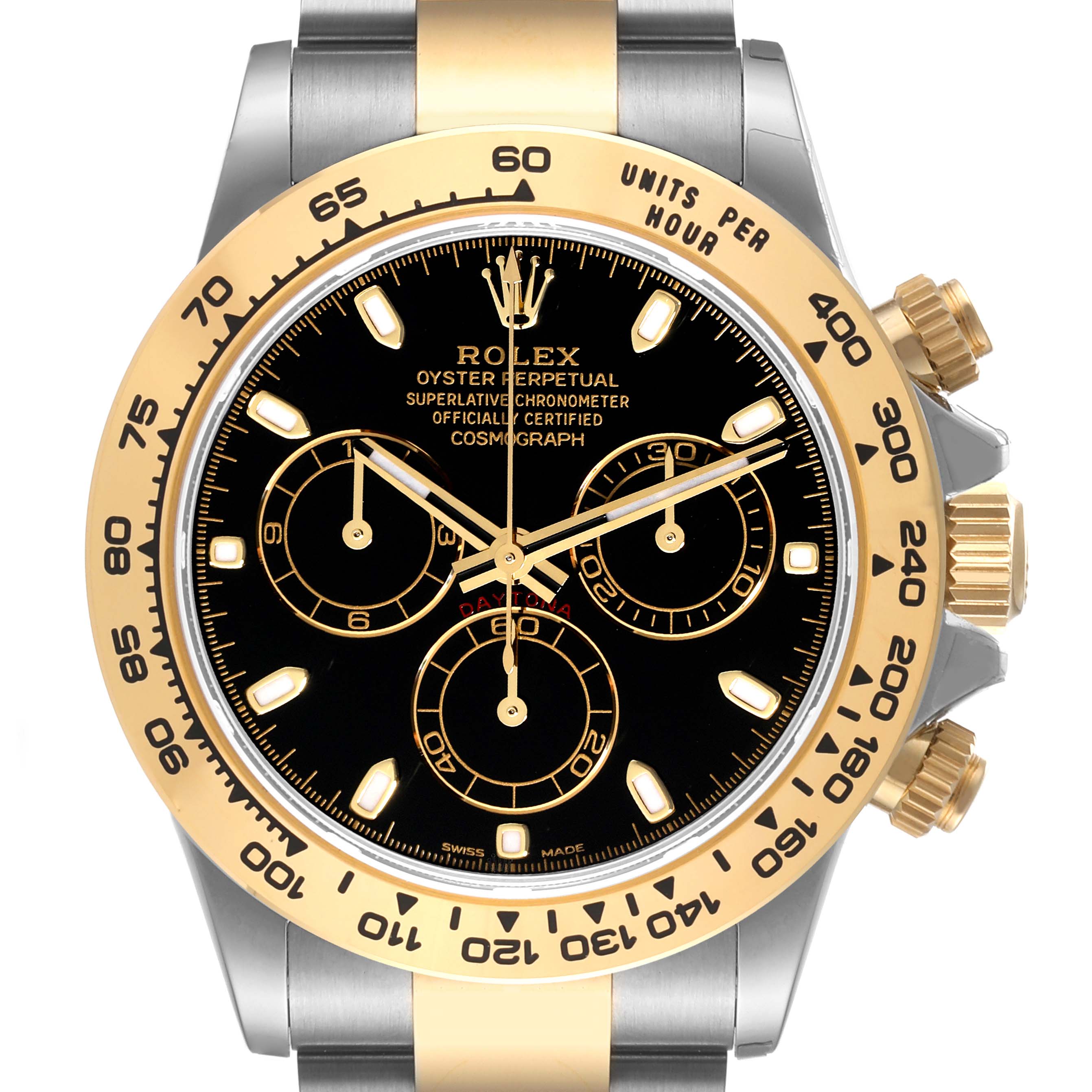 The image shows a frontal view of the Rolex Daytona 116503 Men's Steel and Gold (two tone) Black Dial 116503 Men's Steel and Gold (two tone) Black Dial watch, highlighting the dial, bezel, and pushers.