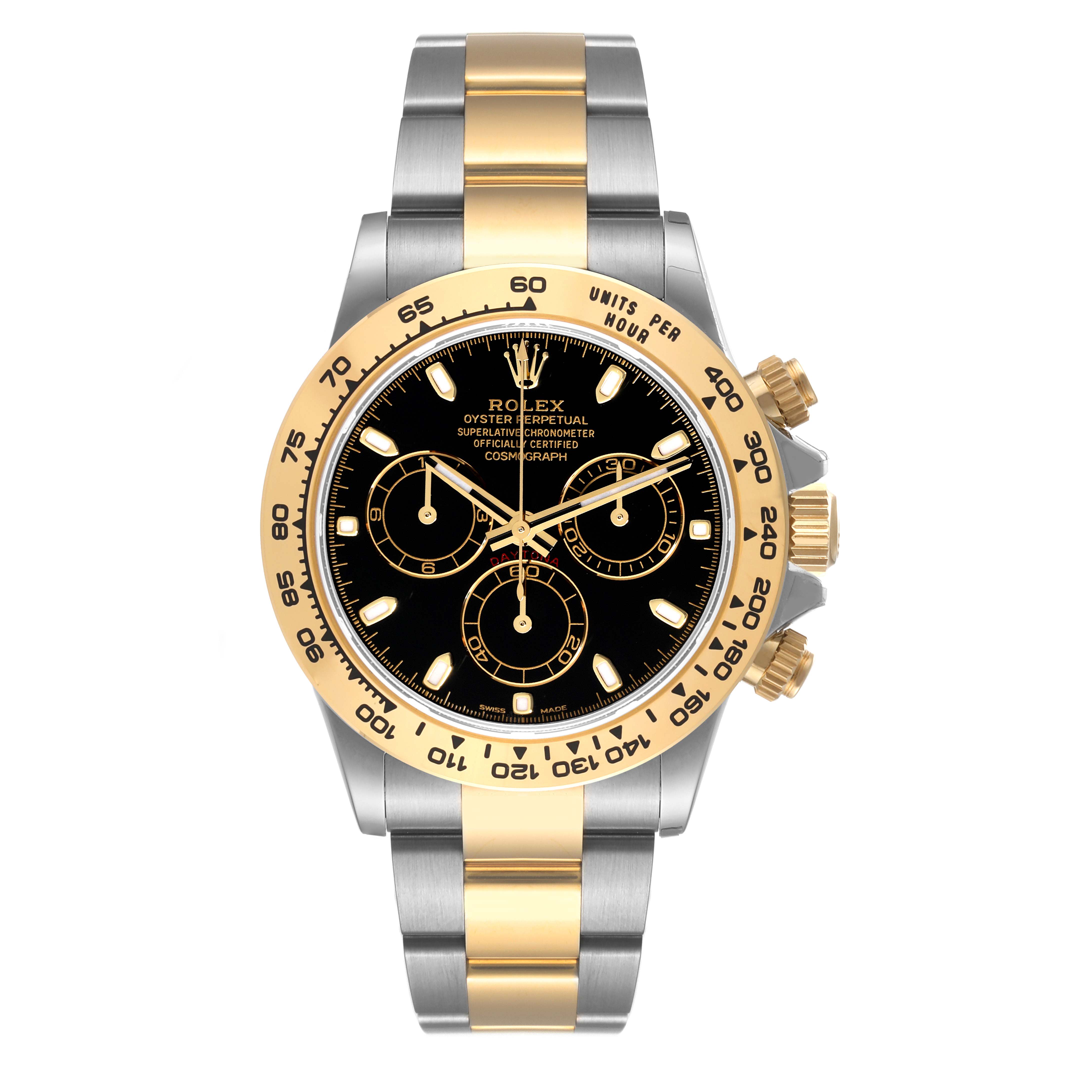 The image shows a front view of the Rolex Daytona 116503 Men's Steel and Gold (two tone) Black Dial 116503 Men's Steel and Gold (two tone) Black Dial watch, highlighting the dial, bezel, and bracelet.