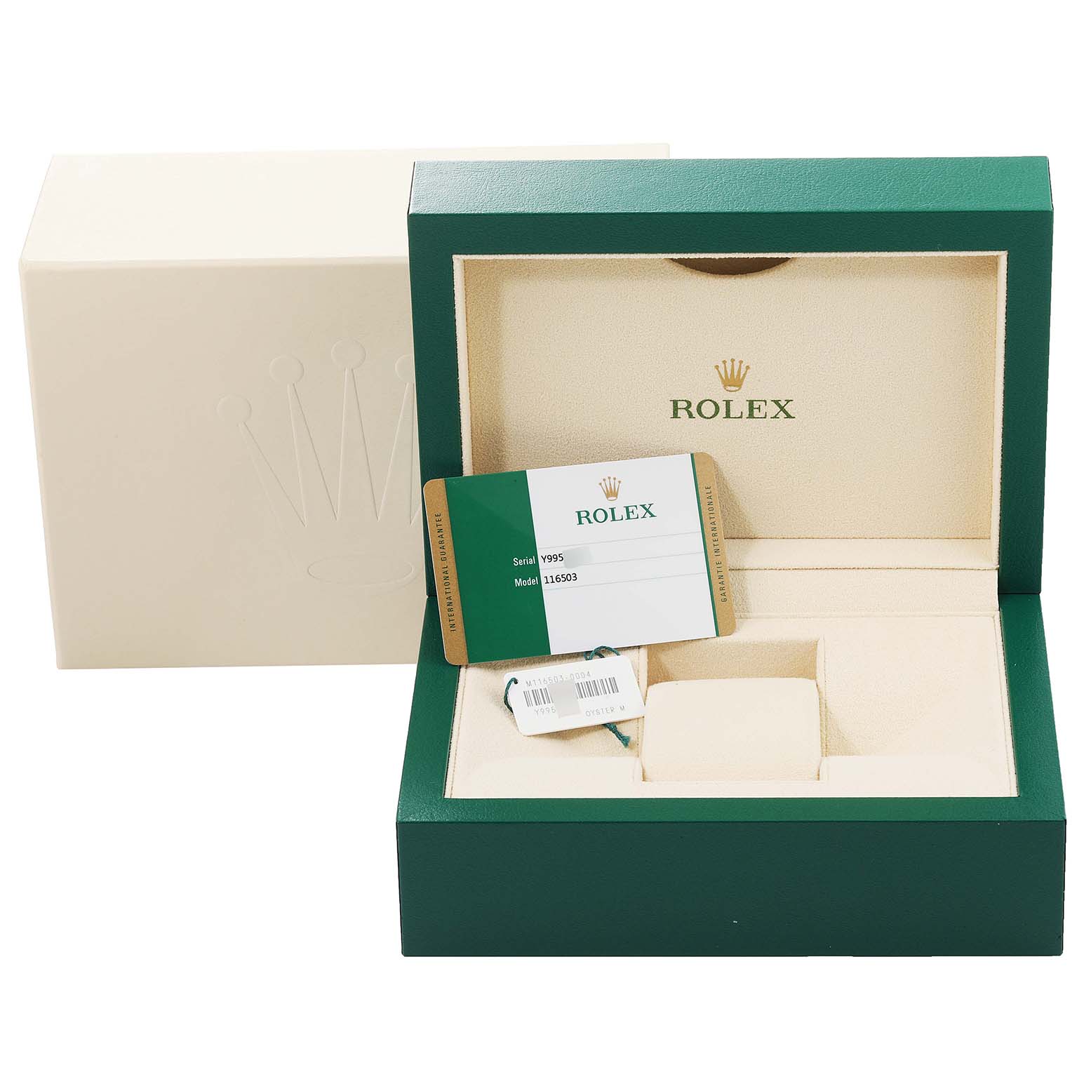 The image shows an open Rolex Daytona 116503 Men's Steel and Gold (two tone) Black Dial 116503 Men's Steel and Gold (two tone) Black Dial watch box, displaying the warranty card and tags.