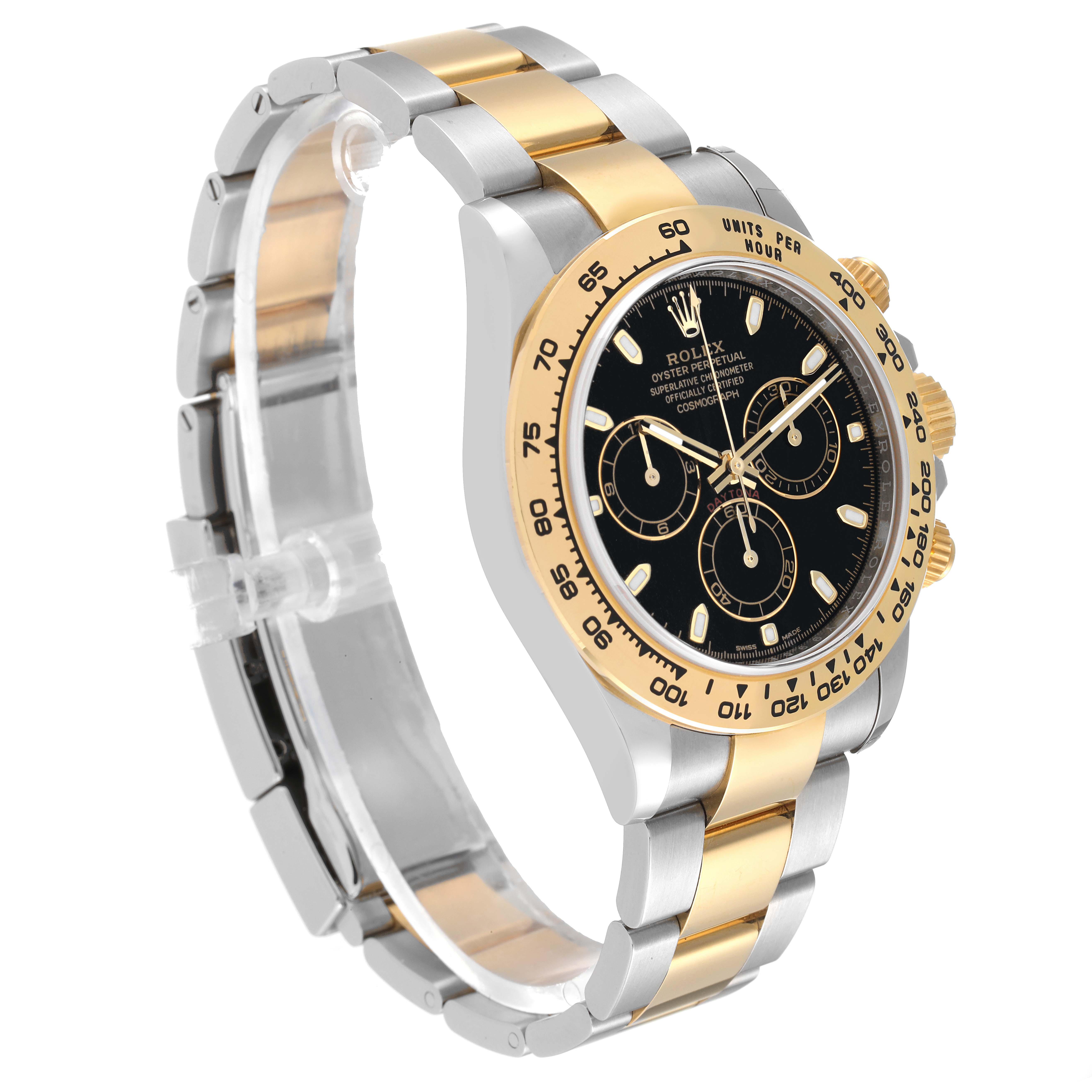 The Rolex Daytona 116503 Men's Steel and Gold (two tone) Black Dial 116503 Men's Steel and Gold (two tone) Black Dial watch is shown at a slight left side angle, displaying its bezel, dial, and bracelet in gold and silver tones.