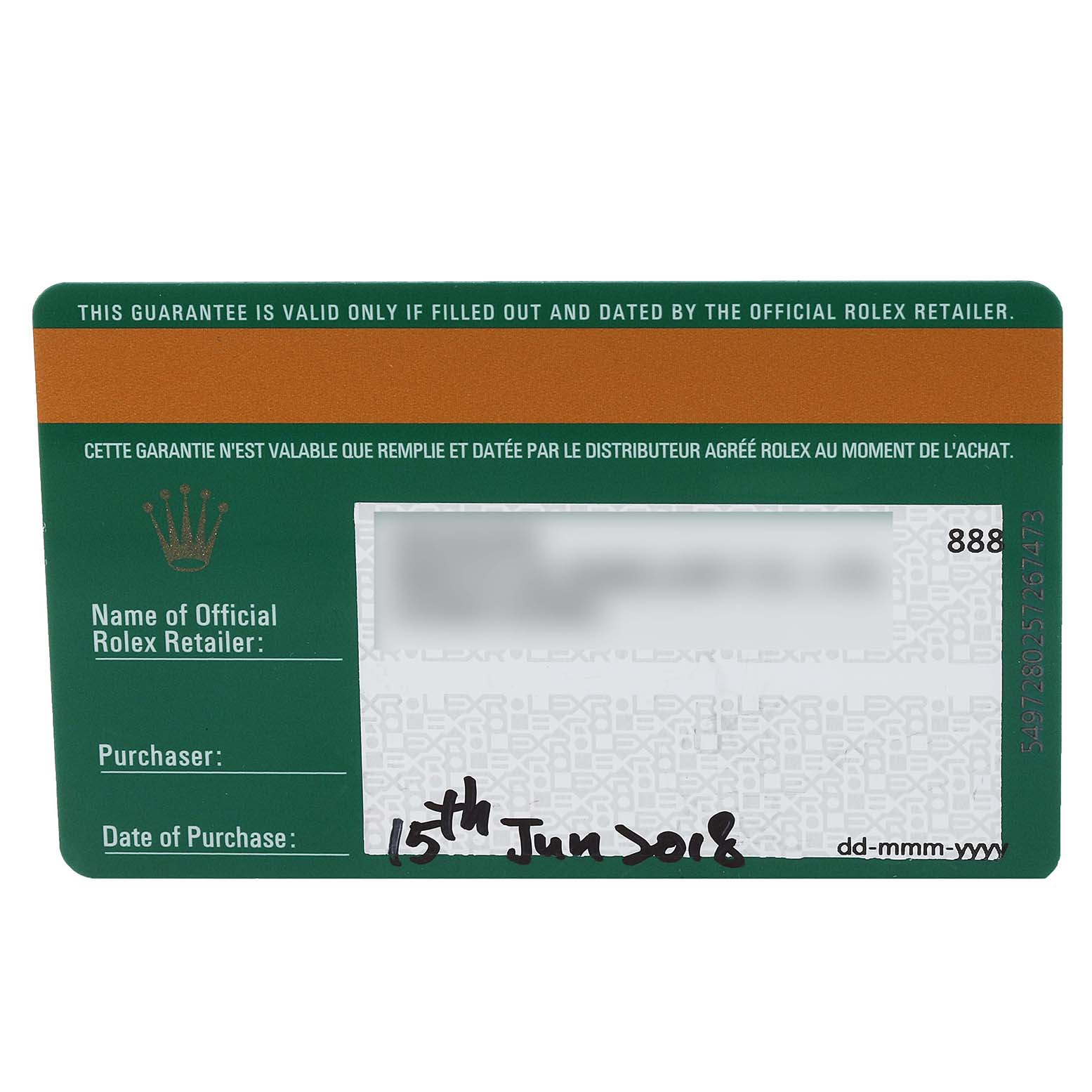 This image shows the guarantee card for a Rolex Daytona 116503 Men's Steel and Gold (two tone) Black Dial 116503 Men's Steel and Gold (two tone) Black Dial watch, including the retailer's name, purchaser's name, and date of purchase.