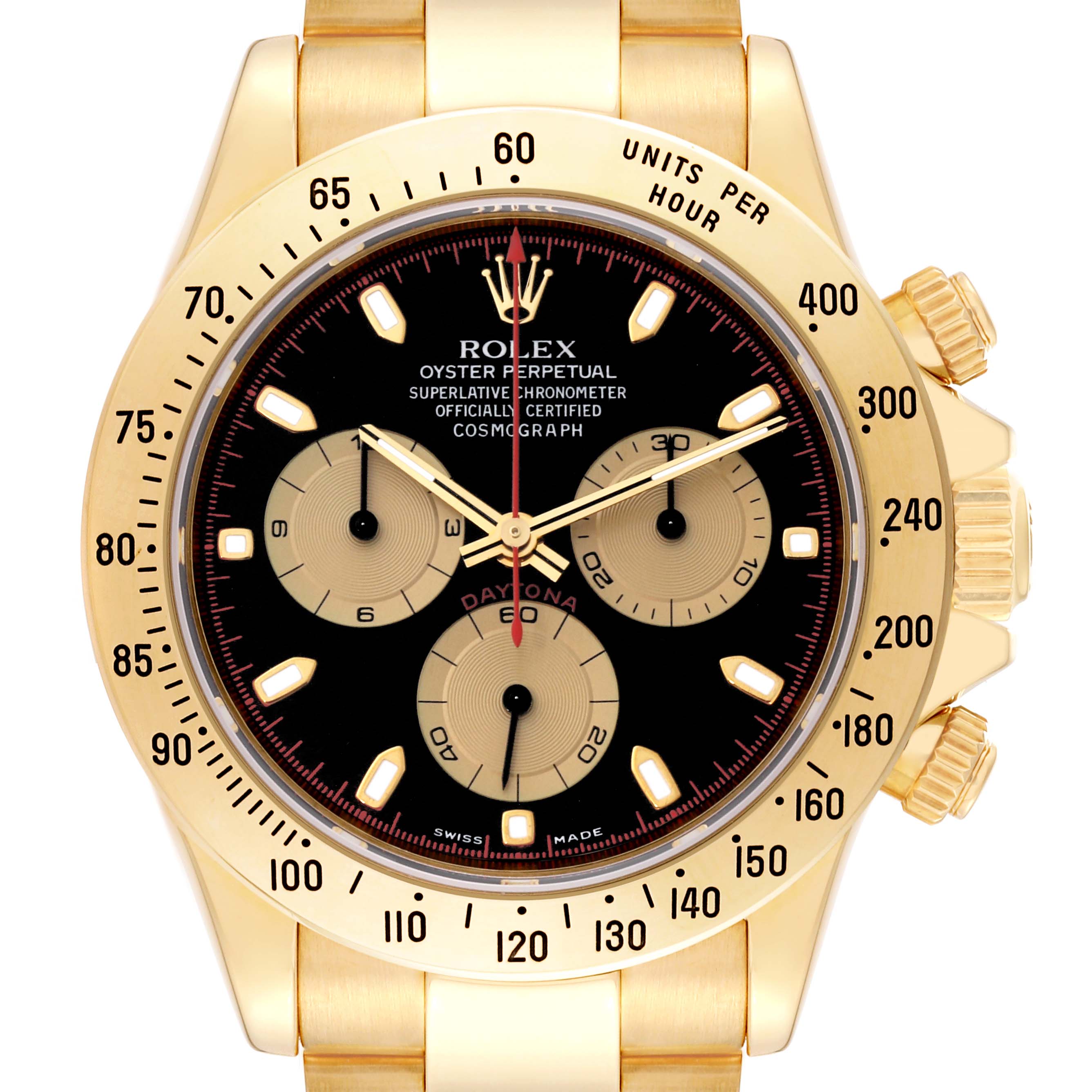 The Rolex Daytona 116528 Men
s Yellow Gold Black Dial 116528 Men
s Yellow Gold Black Dial watch is shown from a front angle, displaying its dial, bezel, and part of the bracelet.