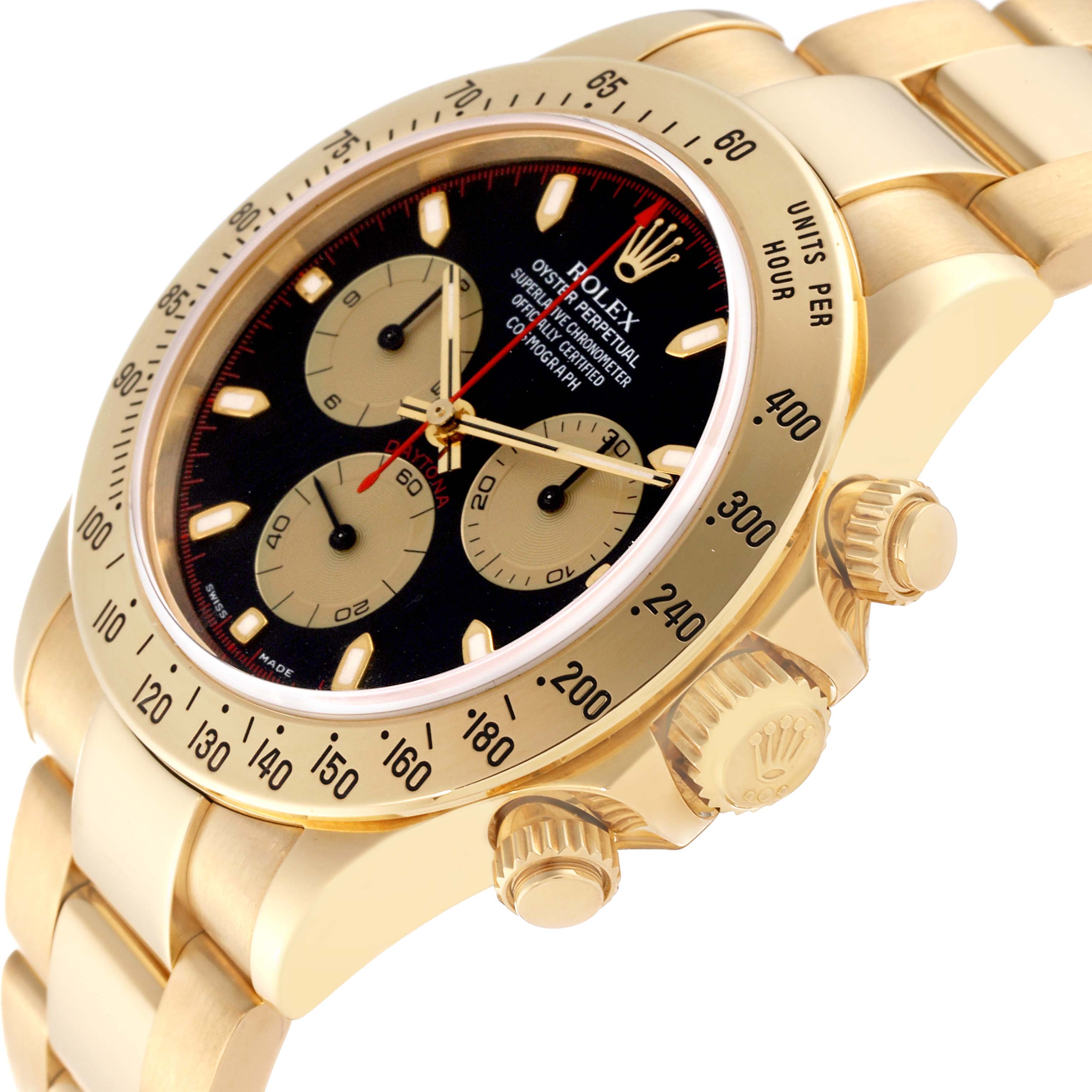 The Rolex Daytona 116528 Men
s Yellow Gold Black Dial 116528 Men
s Yellow Gold Black Dial watch is shown at a slight angle, highlighting its bezel, face, crown, and chronograph pushers.