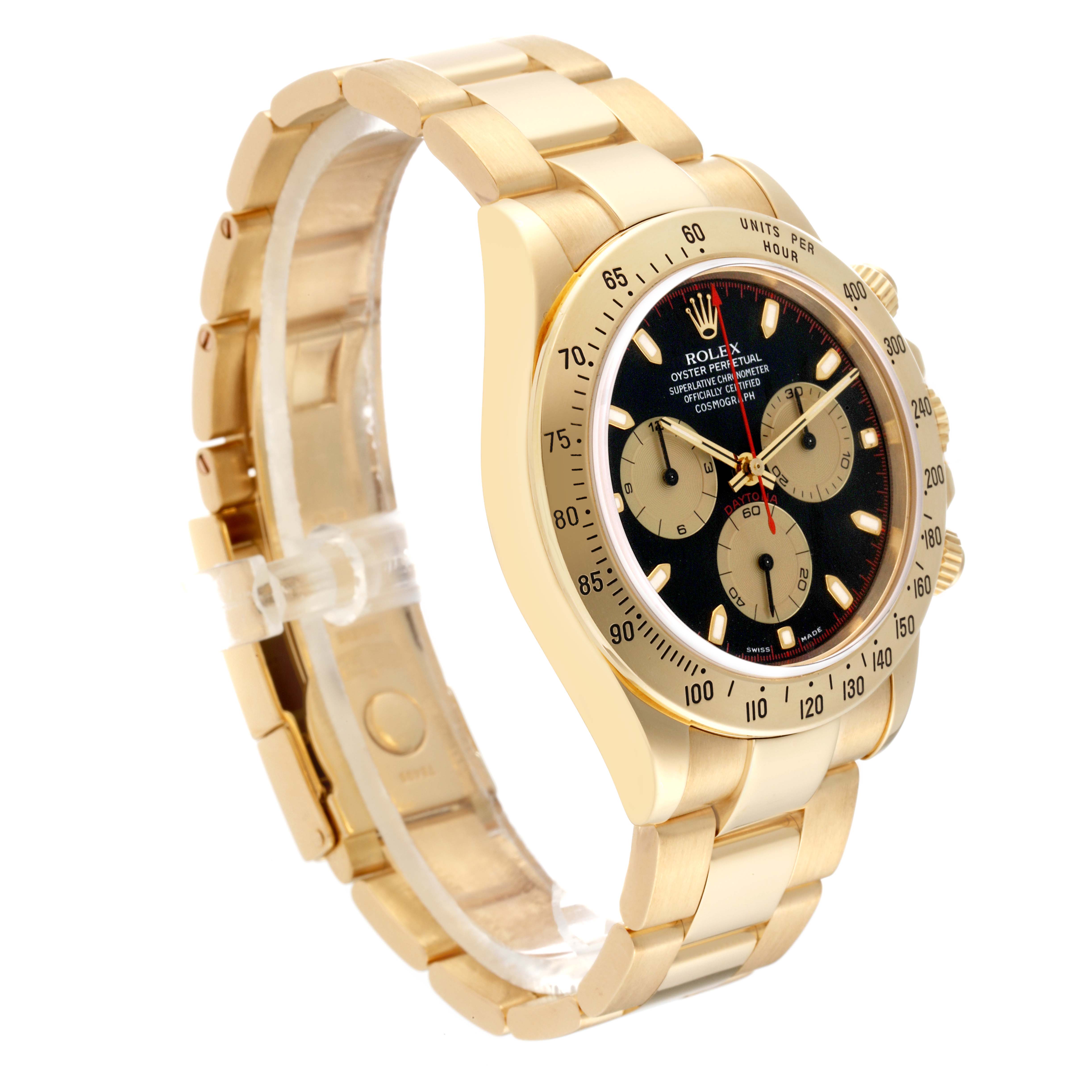 The image shows a side angle of a gold Rolex Daytona 116528 Men
s Yellow Gold Black Dial 116528 Men
s Yellow Gold Black Dial watch, highlighting its bracelet, bezel, and face with chronograph subdials.