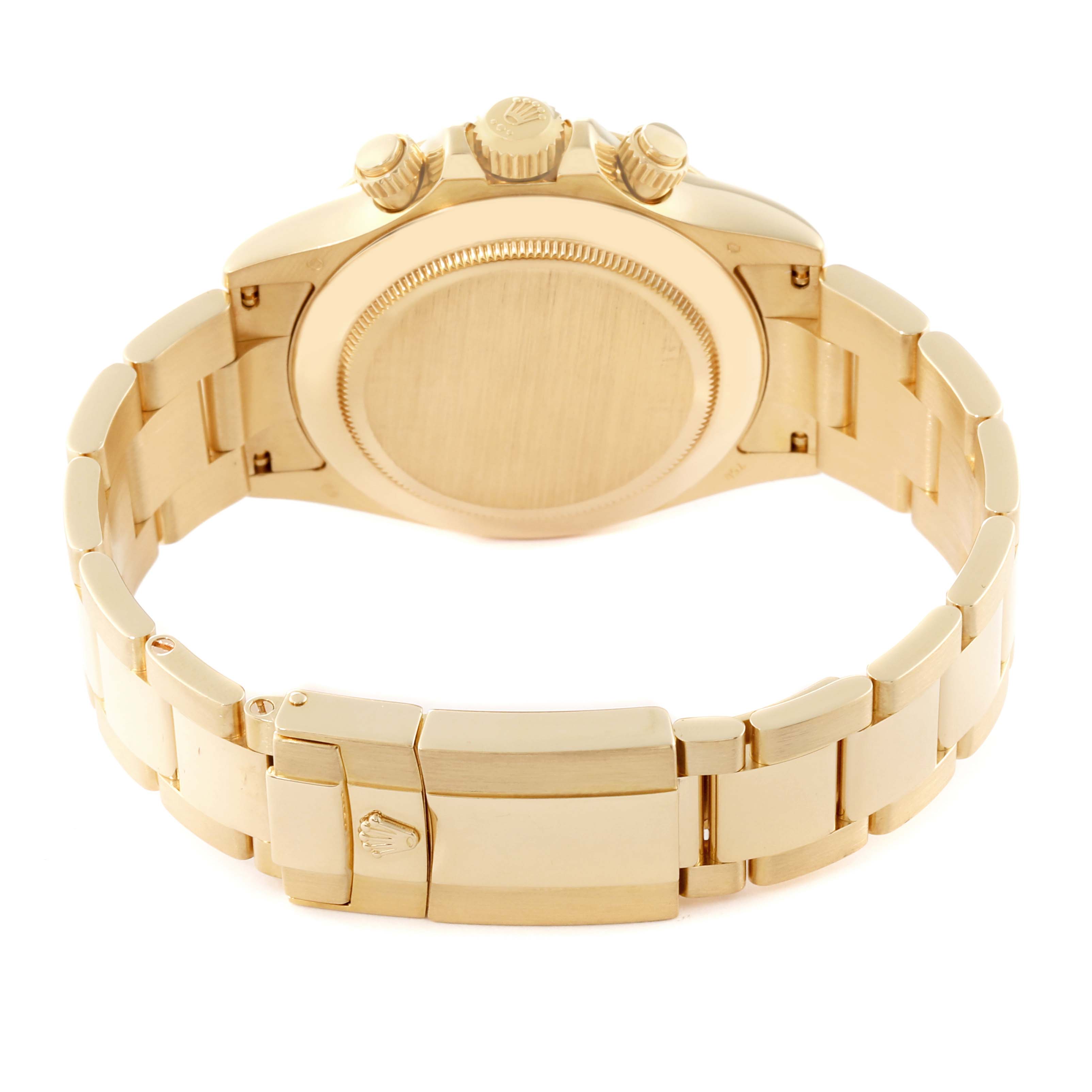 The image shows the back and clasp of a gold Rolex Daytona 116528 Men
s Yellow Gold Black Dial 116528 Men
s Yellow Gold Black Dial watch, highlighting the case back, bracelet, and clasp.