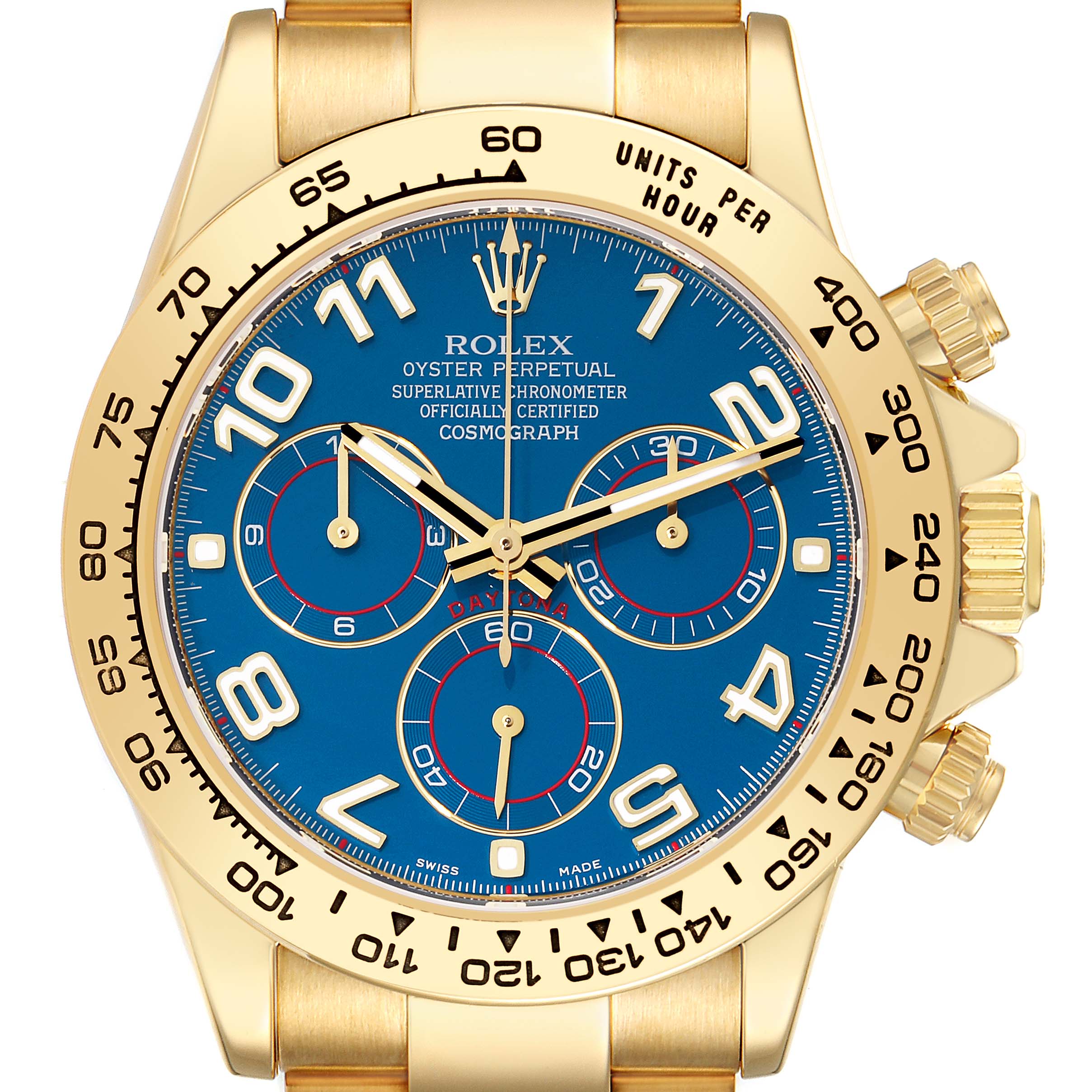 This image shows a frontal close-up of a Rolex Daytona 116528 Men's Yellow Gold Blue Dial 116528 Men's Yellow Gold Blue Dial watch, highlighting its blue dial, gold case, and chronograph subdials.