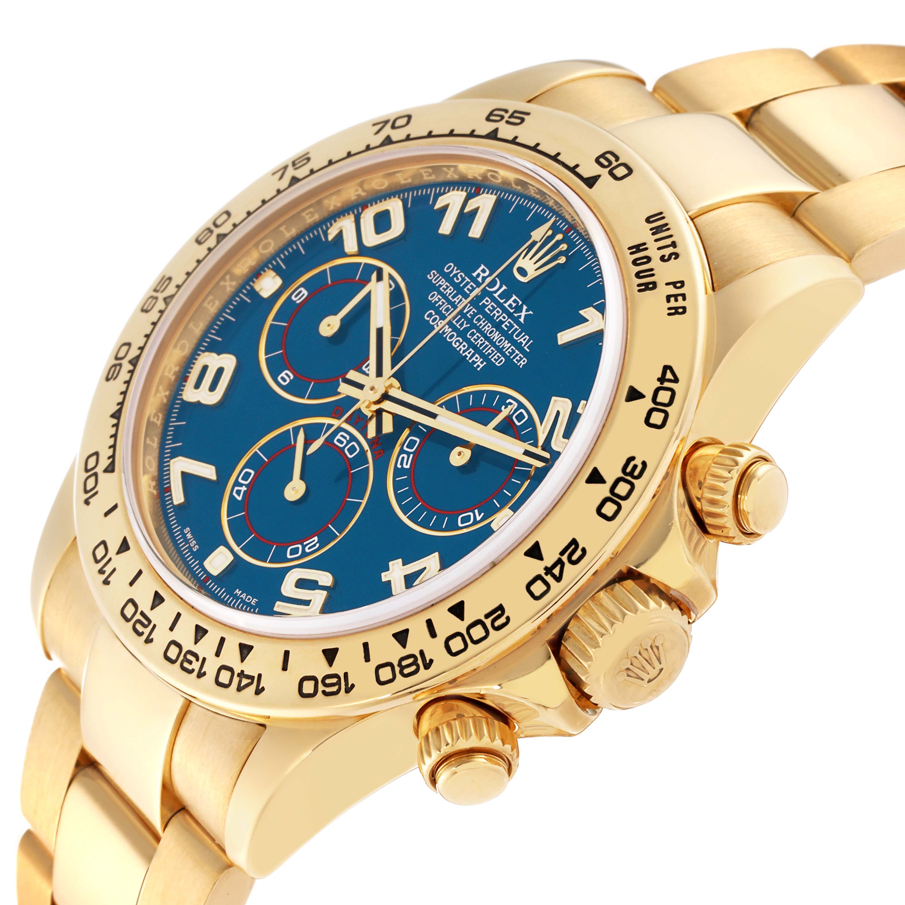 This image shows the right side and face of a Rolex Daytona 116528 Men's Yellow Gold Blue Dial 116528 Men's Yellow Gold Blue Dial watch, highlighting the bezel, crown, and chronograph pushers.