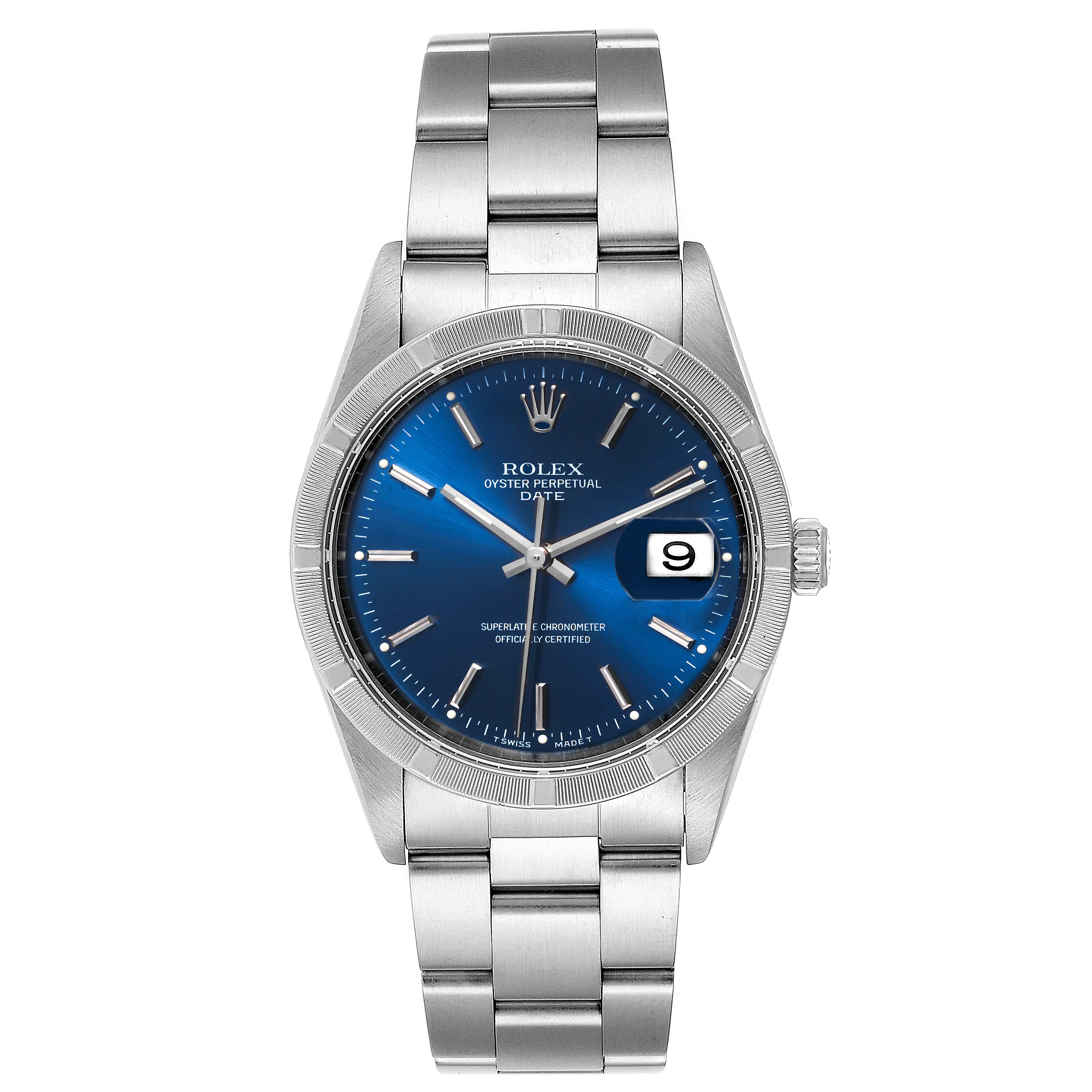 The image shows a Rolex Date 15210 Men's Stainless Steel Blue Dial 15210 Men's Stainless Steel Blue Dial model watch, featuring a blue dial, silver bracelet, and date window at the 3 o'clock position.