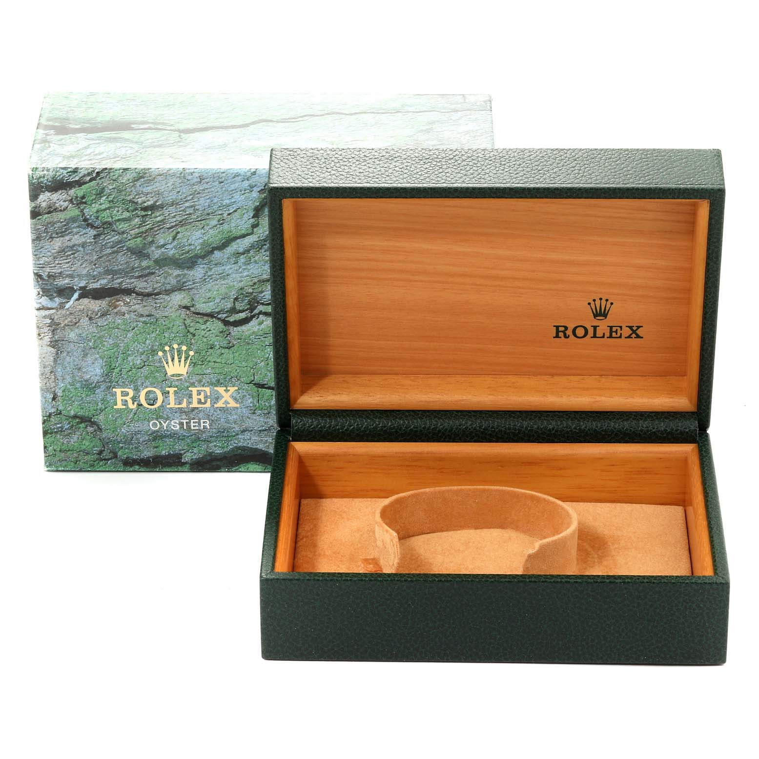 The image shows a Rolex Date 15210 Men's Stainless Steel Blue Dial 15210 Men's Stainless Steel Blue Dial model watch box, open to reveal the interior watch holder with the outer packaging displayed behind it.