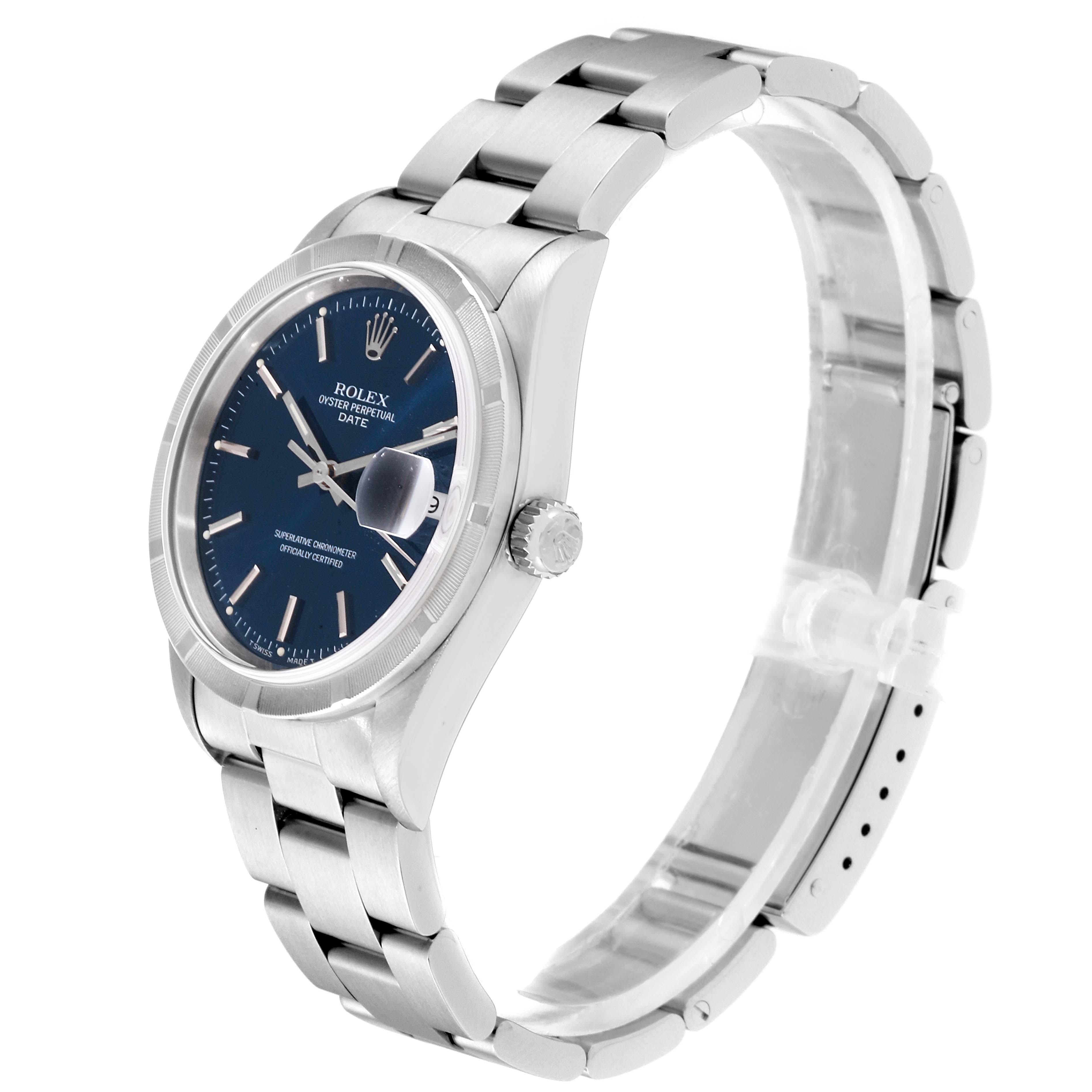 The image shows a side angle of a Rolex Date 15210 Men's Stainless Steel Blue Dial 15210 Men's Stainless Steel Blue Dial model watch, highlighting the face, bezel, crown, and bracelet.