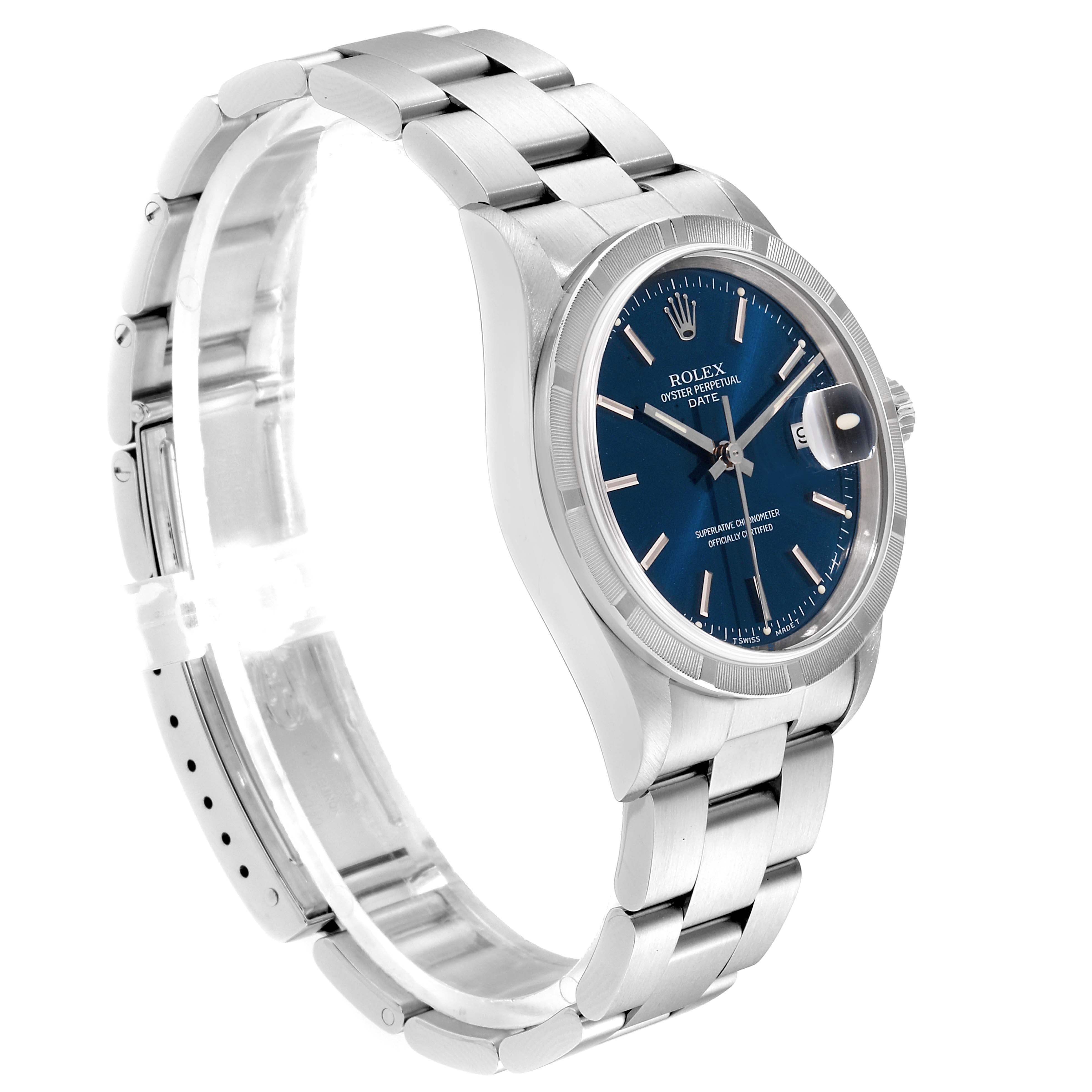 This image shows a Rolex Date 15210 Men's Stainless Steel Blue Dial 15210 Men's Stainless Steel Blue Dial model watch at a slight angle, highlighting its blue dial, bracelet, and side profile.