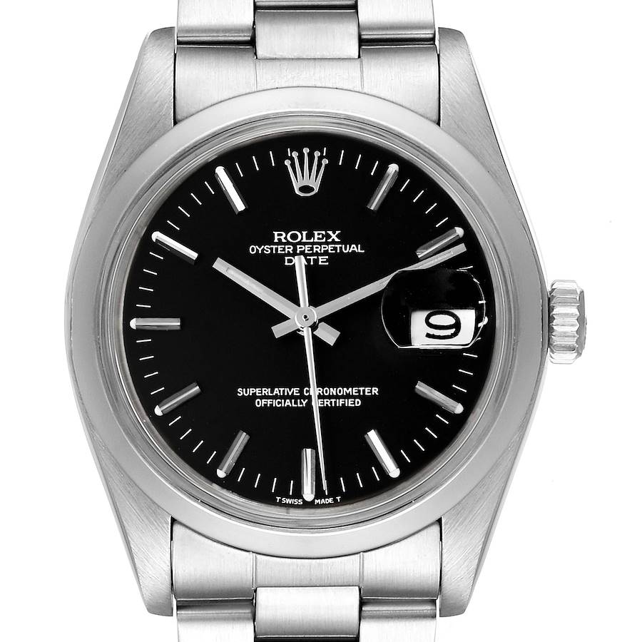 Rolex Date Smooth Bezel Black Dial Steel Vintage Mens Watch 1500 SwissWatchExpo