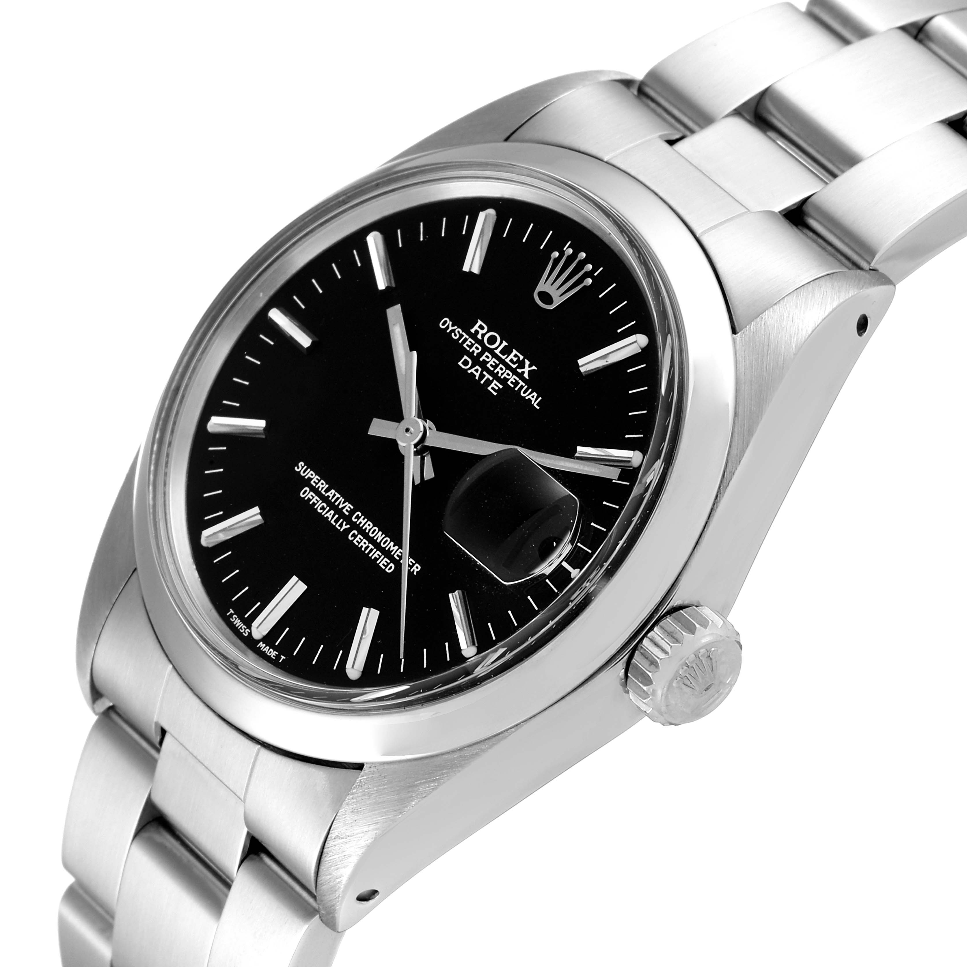 The image showcases the face, bezel, crown, and part of the bracelet of a Rolex Vintage Collection 1500 Men's Stainless Steel Black Dial 1500 Men's Stainless Steel Black Dial Oyster Perpetual Date watch at a slight side angle.