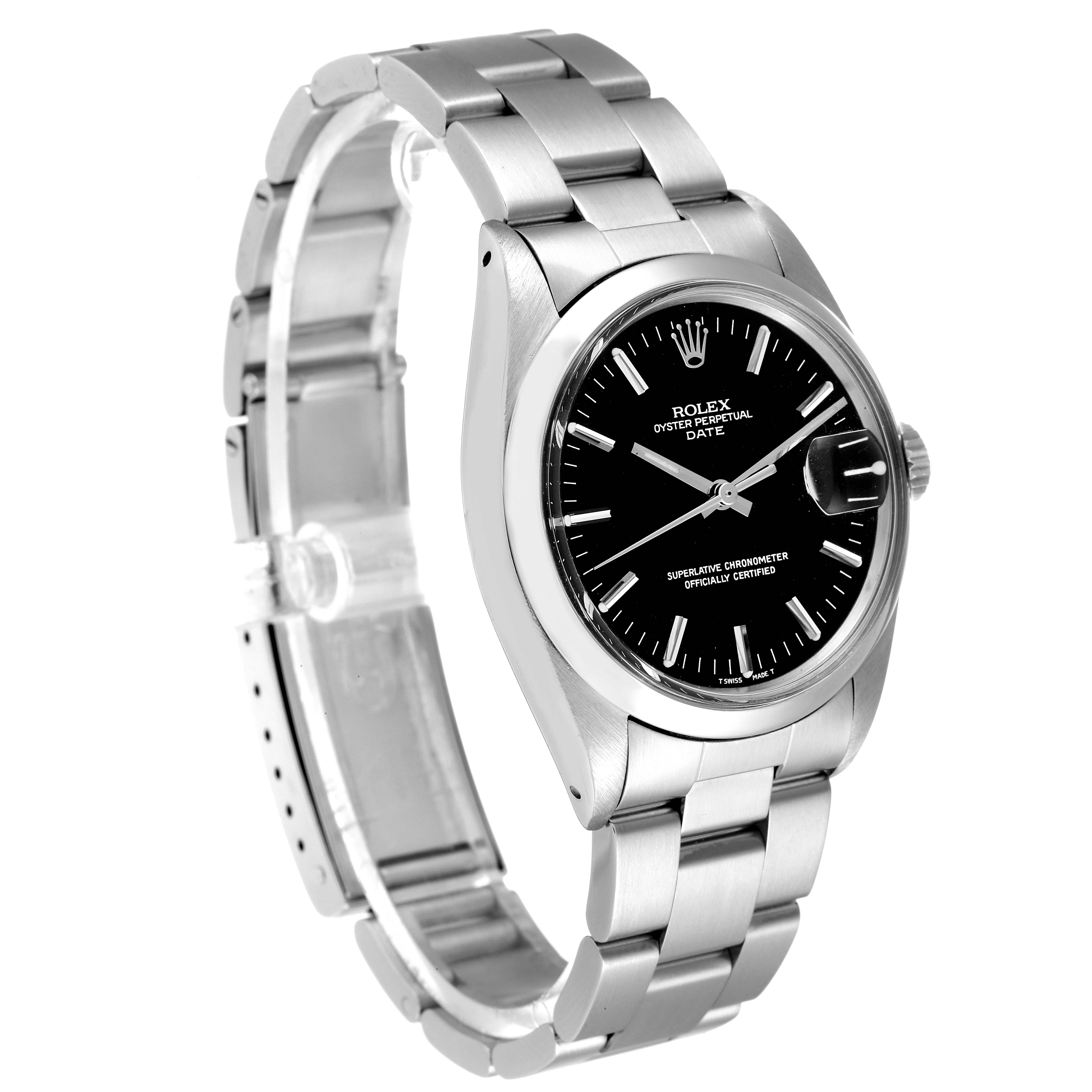 The Rolex Vintage Collection 1500 Men's Stainless Steel Black Dial 1500 Men's Stainless Steel Black Dial model is shown at a slight angle, highlighting its face, bezel, and stainless steel bracelet.