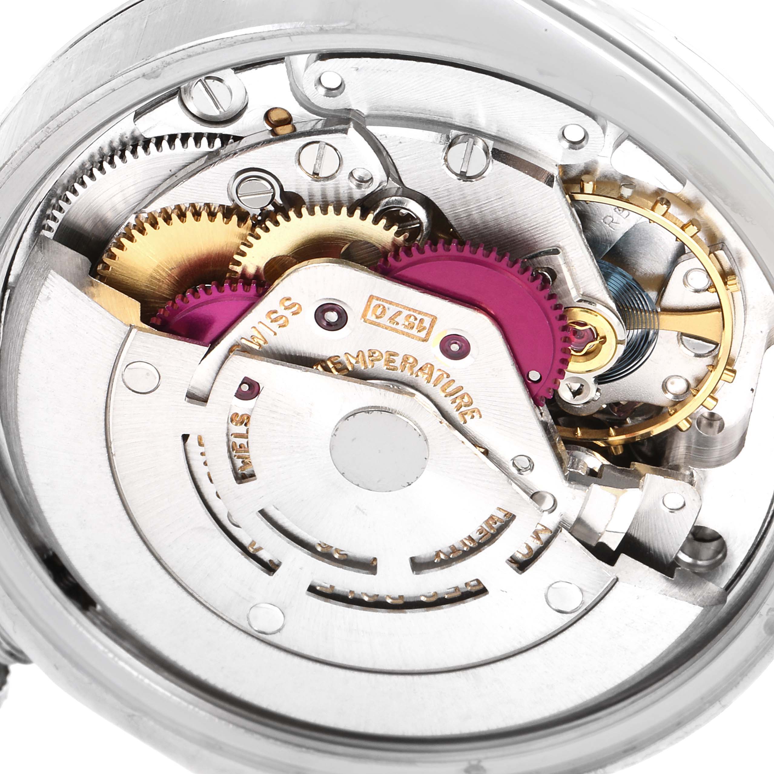 This image shows the internal mechanism from a back angle of a Rolex Vintage Collection 1500 Men's Stainless Steel Black Dial 1500 Men's Stainless Steel Black Dial model watch.