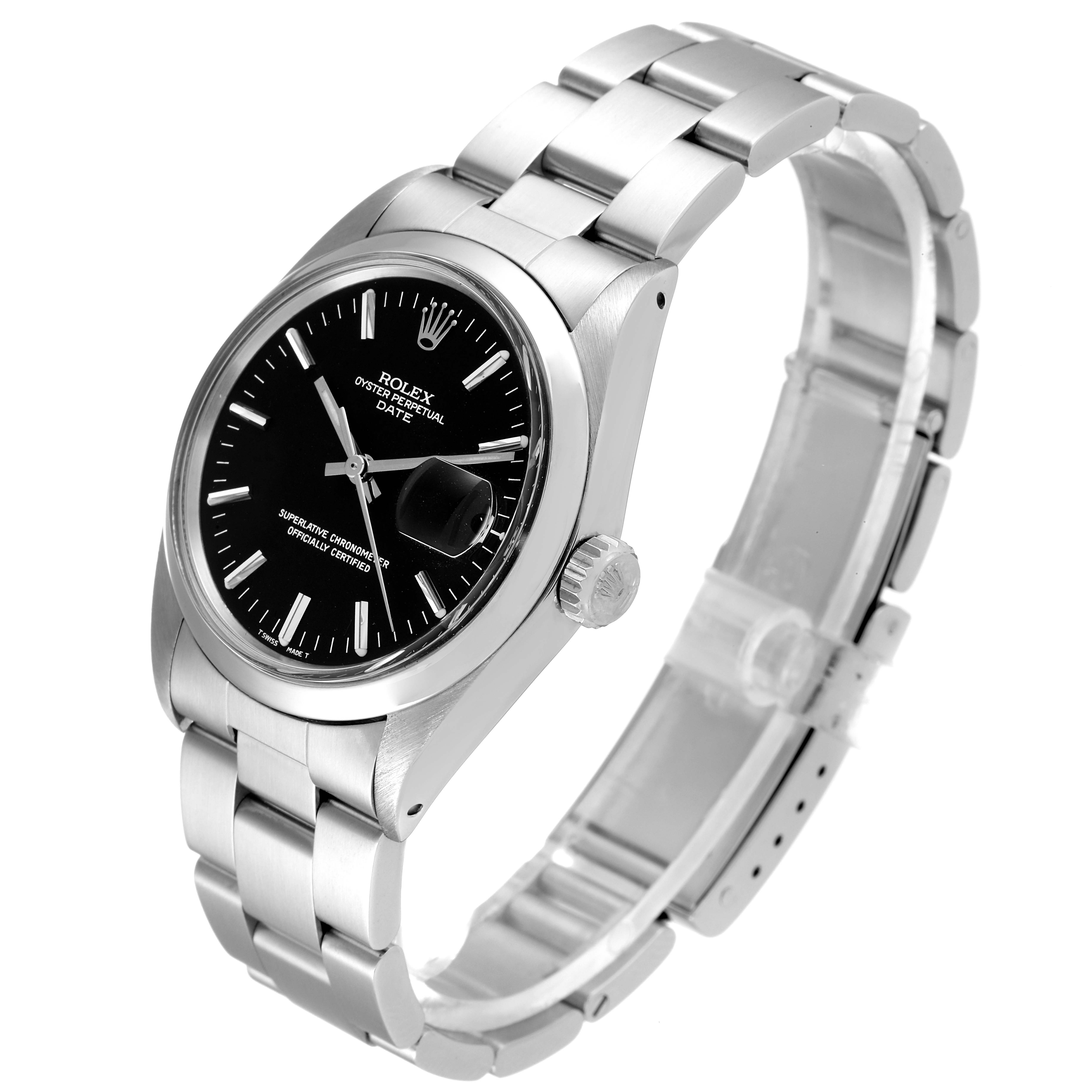 The image shows a side and angled top view of the Rolex Vintage Collection 1500 Men's Stainless Steel Black Dial 1500 Men's Stainless Steel Black Dial watch, highlighting its black dial, bezel, crown, and metal bracelet.