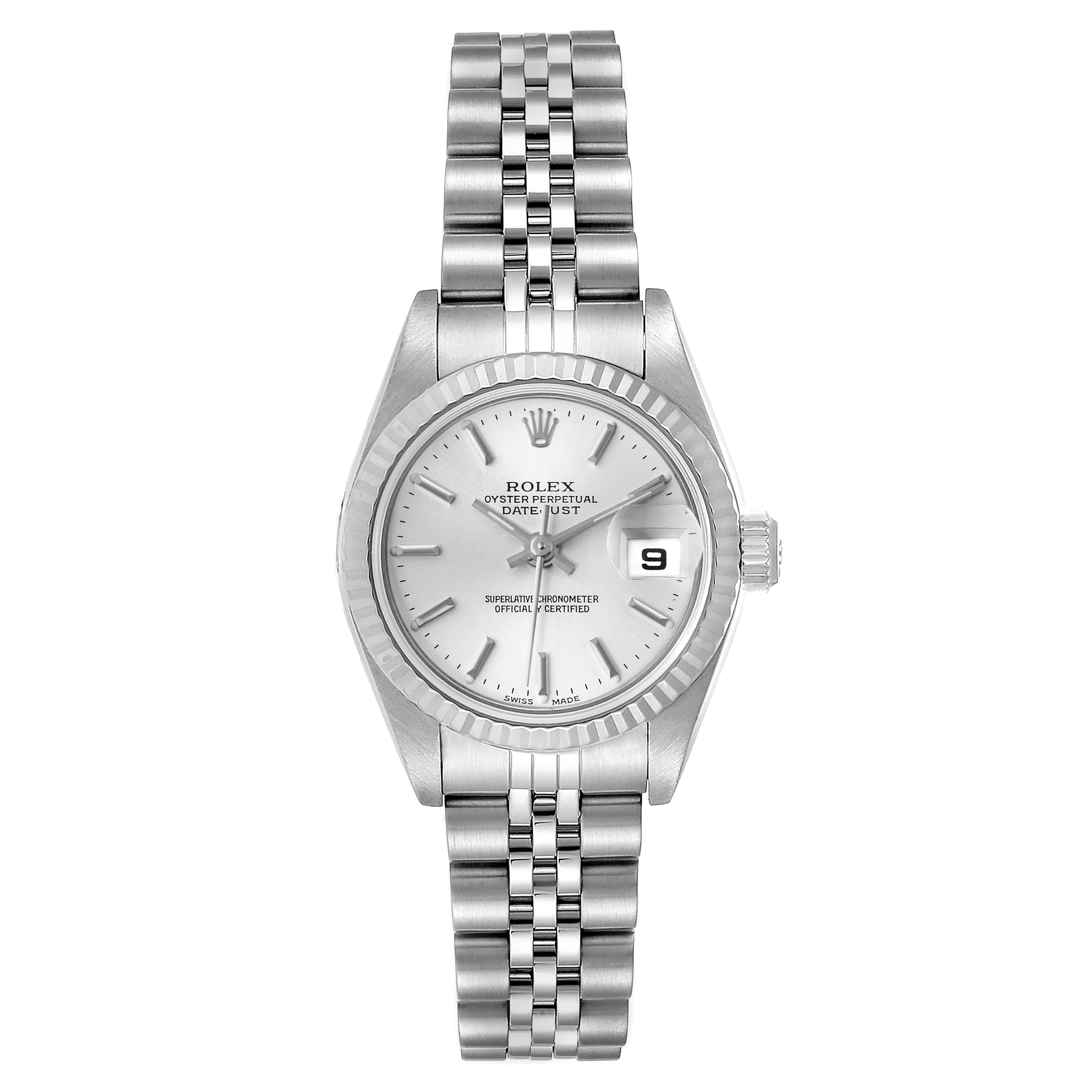 This image shows a Rolex Datejust 79174 Women
s Stainless Steel Silver Dial 79174 Women
s Stainless Steel Silver Dial watch from a frontal angle, highlighting its dial, bezel, and bracelet.