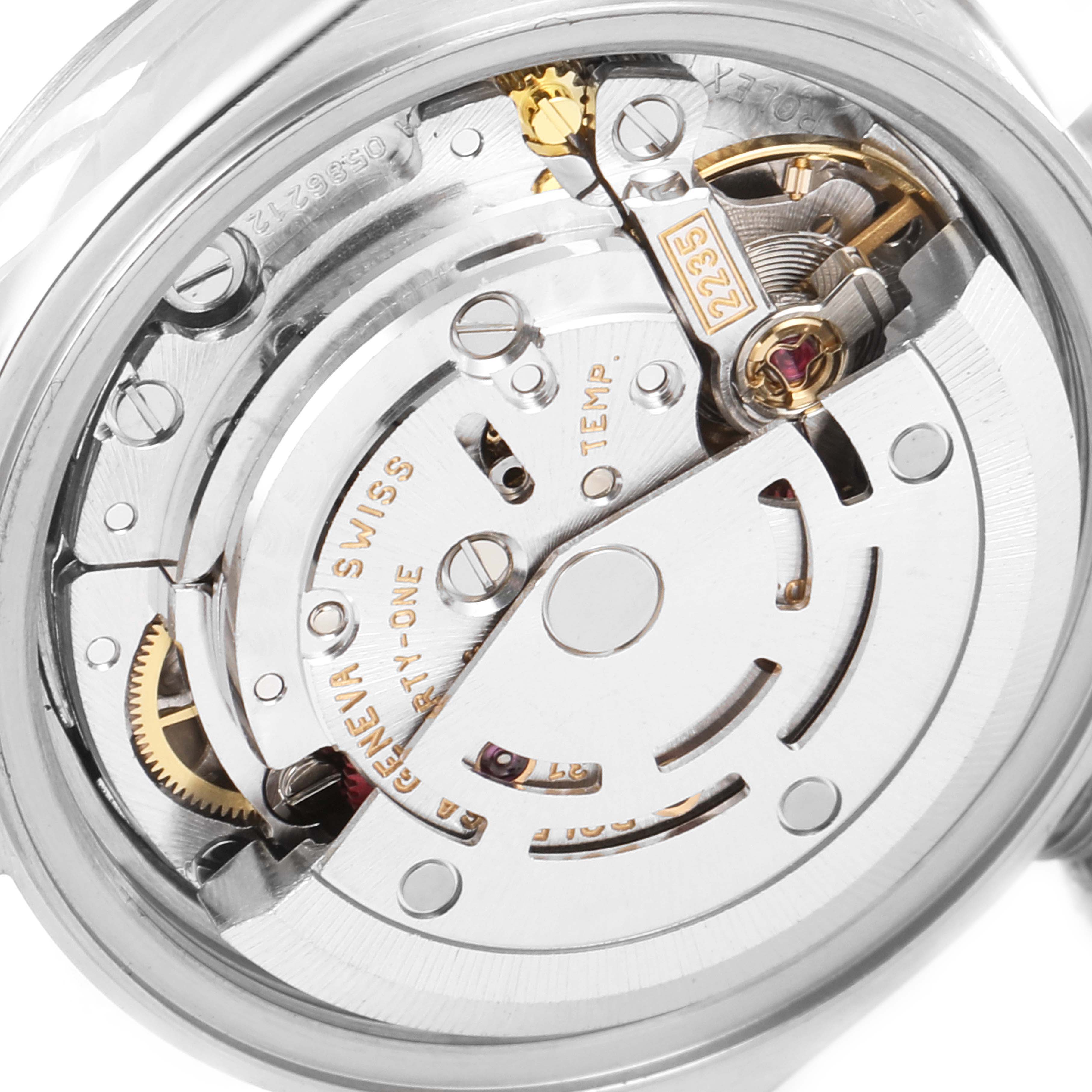 This image shows a close-up, detailed view of the internal movement mechanism of a Rolex Datejust 79174 Women
s Stainless Steel Silver Dial 79174 Women
s Stainless Steel Silver Dial watch.