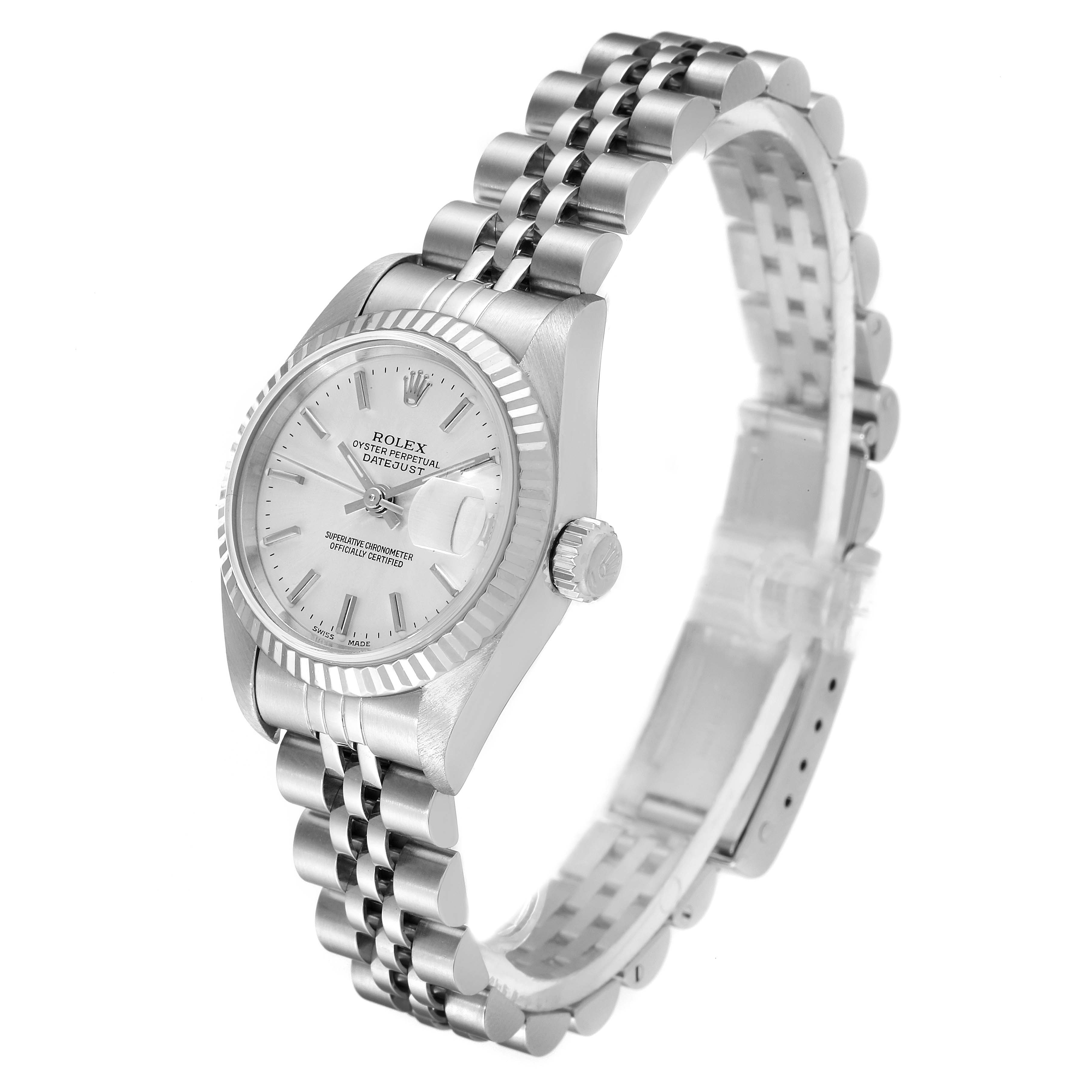 The image shows a Rolex Datejust 79174 Women
s Stainless Steel Silver Dial 79174 Women
s Stainless Steel Silver Dial watch at a slight angle, highlighting its face, bezel, crown, and Jubilee bracelet.