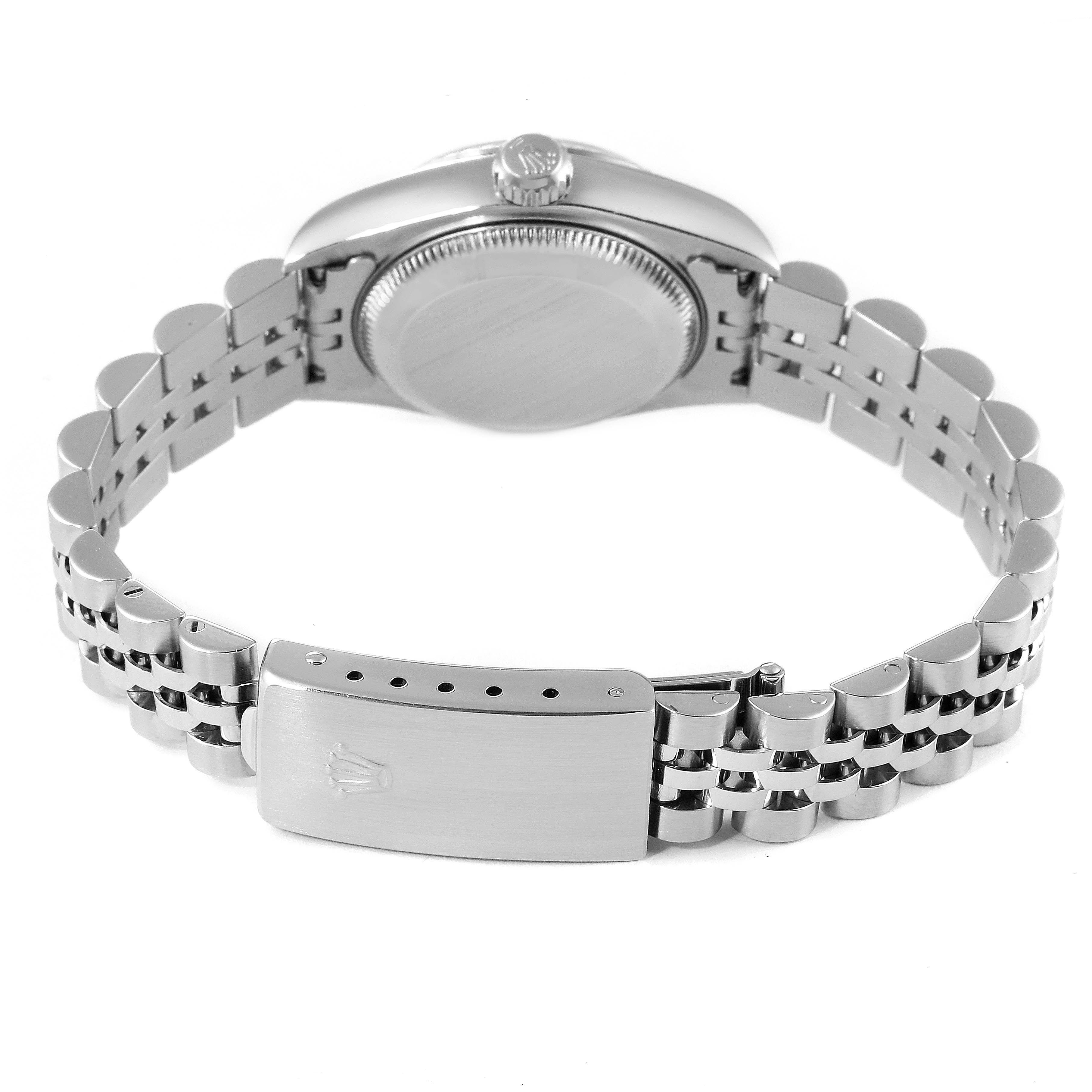 The image shows the back view of a Rolex Datejust 79174 Women
s Stainless Steel Silver Dial 79174 Women
s Stainless Steel Silver Dial watch, highlighting its case back and bracelet with the clasp.