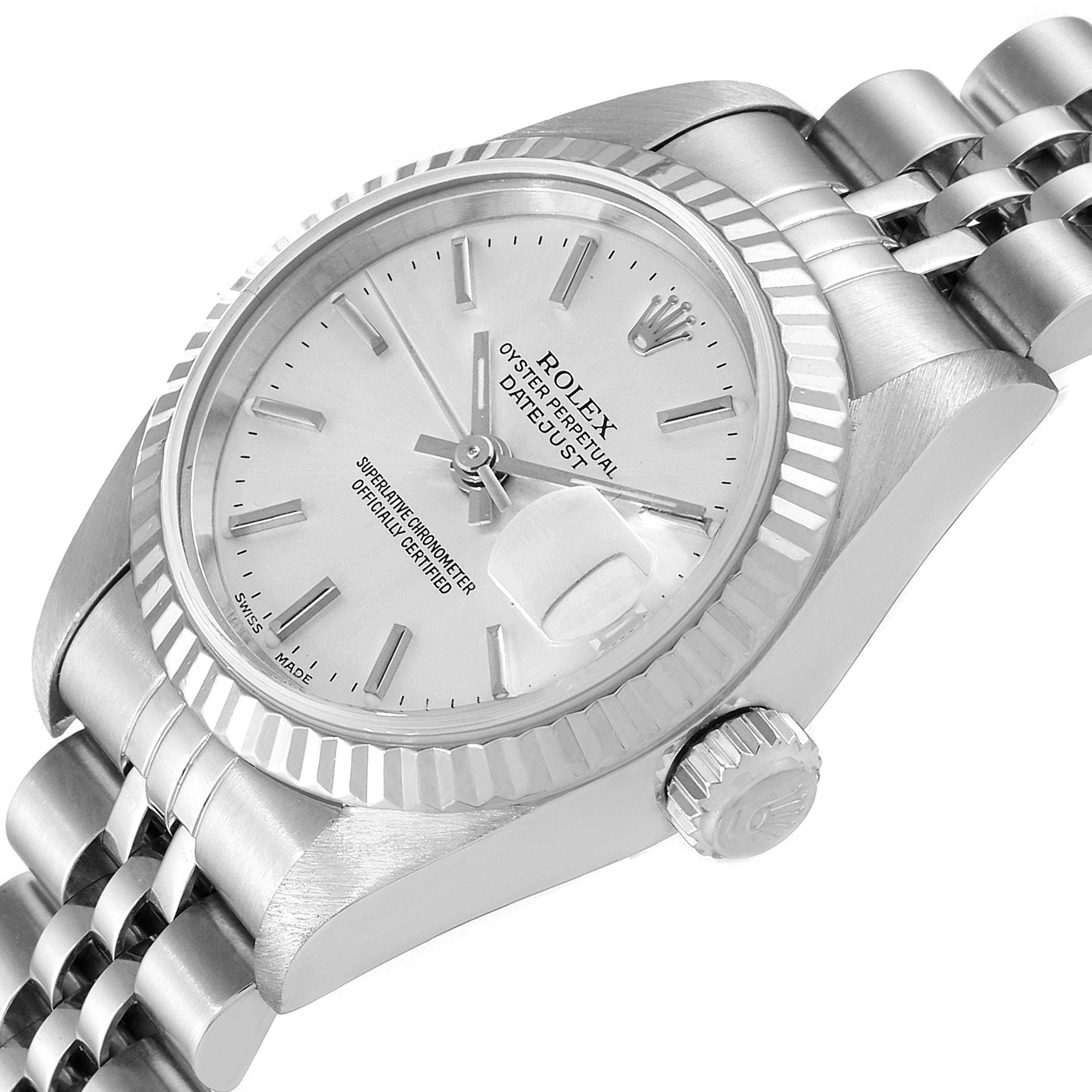 The image shows a close-up side angle of a Rolex Datejust 79174 Women
s Stainless Steel Silver Dial 79174 Women
s Stainless Steel Silver Dial watch, highlighting the dial, bezel, crown, and part of the bracelet.