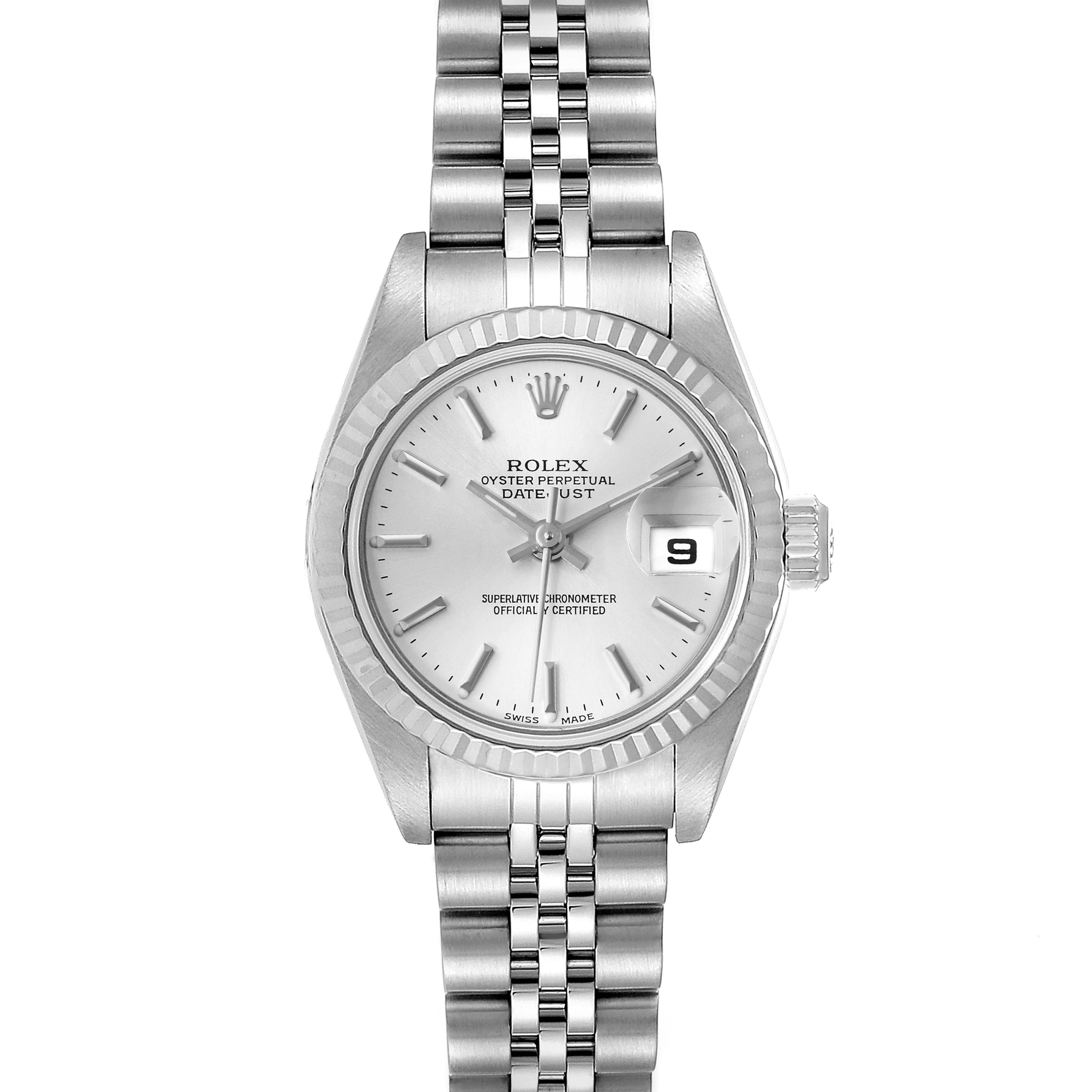 The image shows a frontal view of the Rolex Datejust 79174 Women
s Stainless Steel Silver Dial 79174 Women
s Stainless Steel Silver Dial watch, displaying the dial, bezel, bracelet, and date window.