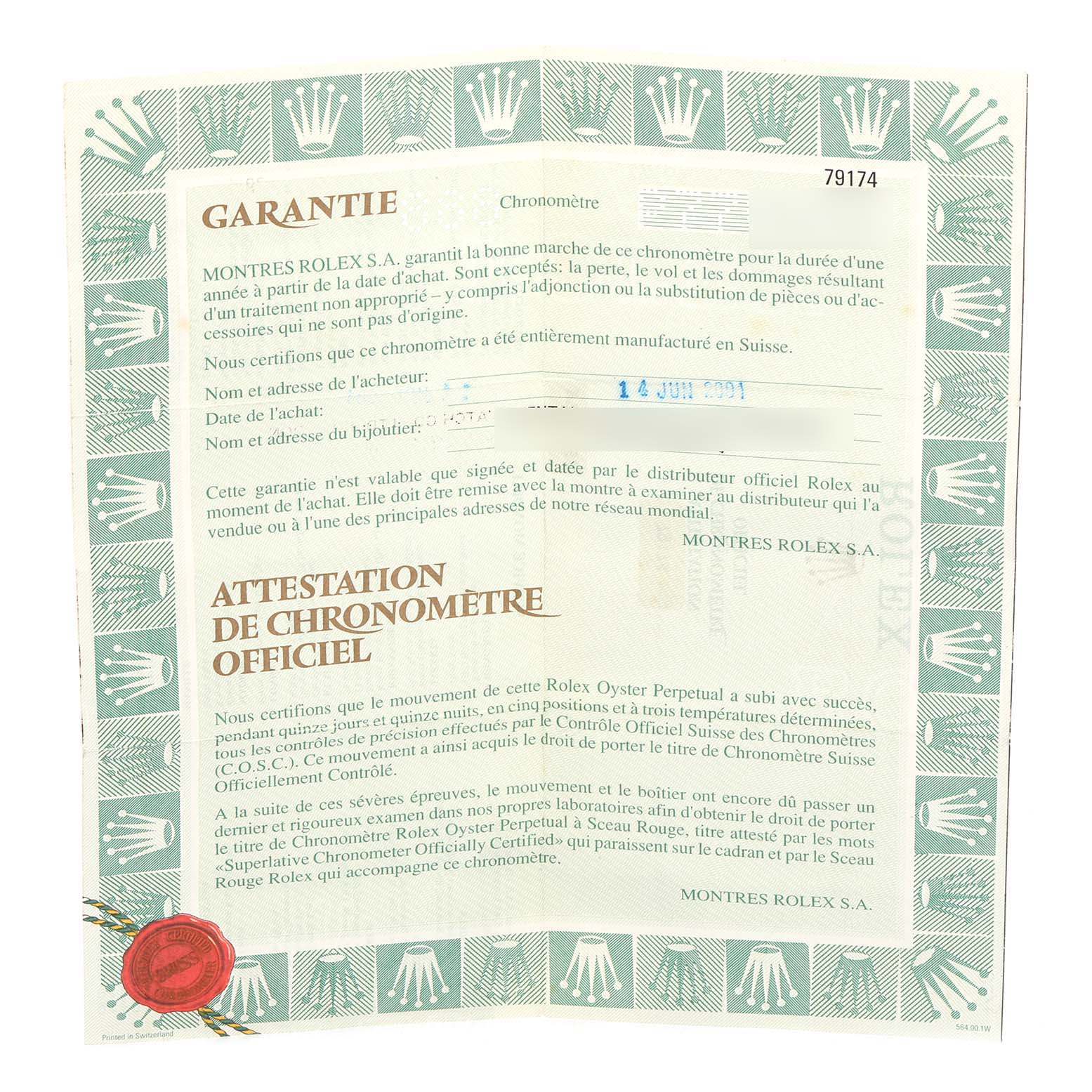 This image shows the warranty and chronometer certificate for a Rolex Datejust 79174 Women
s Stainless Steel Silver Dial 79174 Women
s Stainless Steel Silver Dial watch, featuring the brand
s signature green border with crown logos.