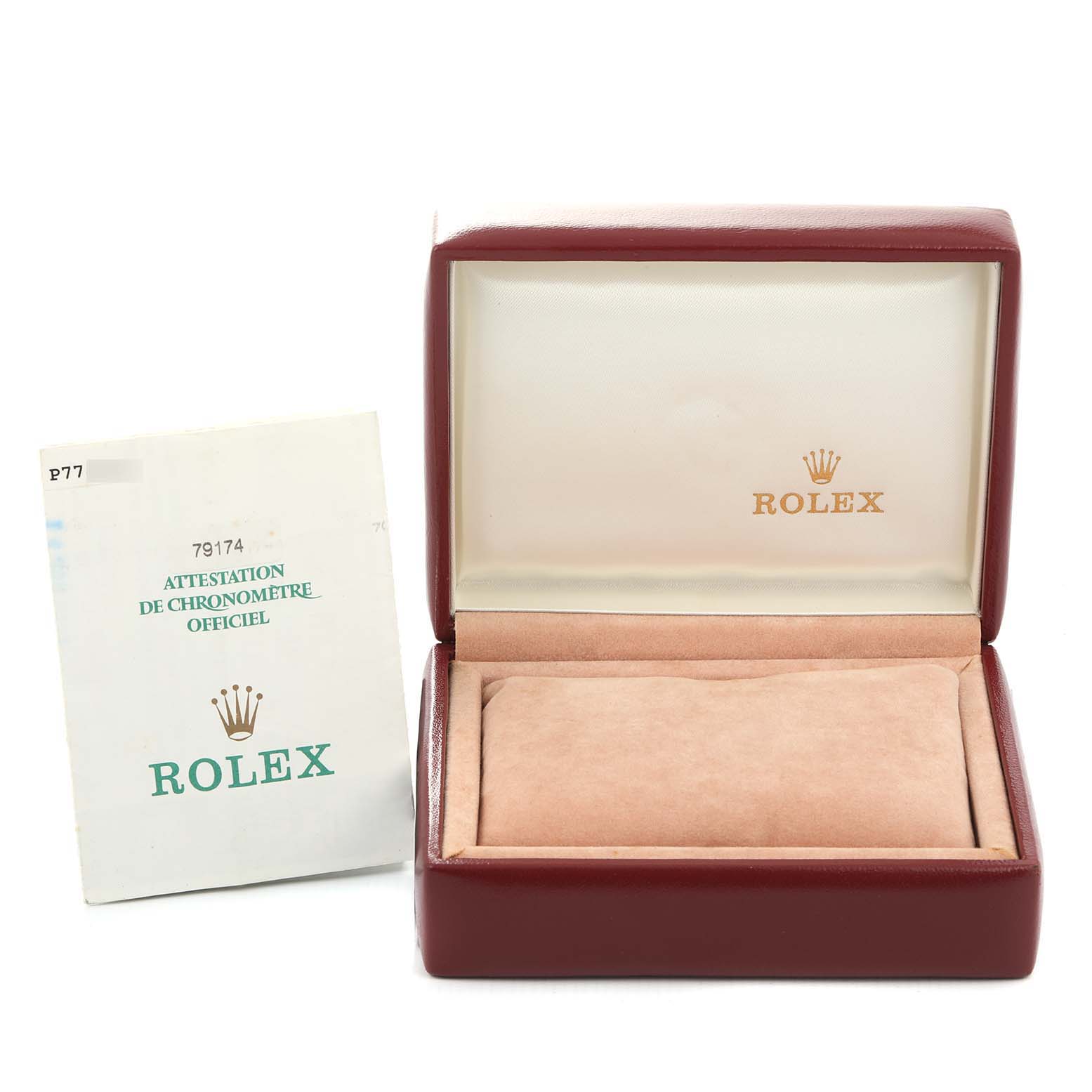 This image shows an open Rolex Datejust 79174 Women
s Stainless Steel Silver Dial 79174 Women
s Stainless Steel Silver Dial watch box alongside its certificate of Best Quality
ity.