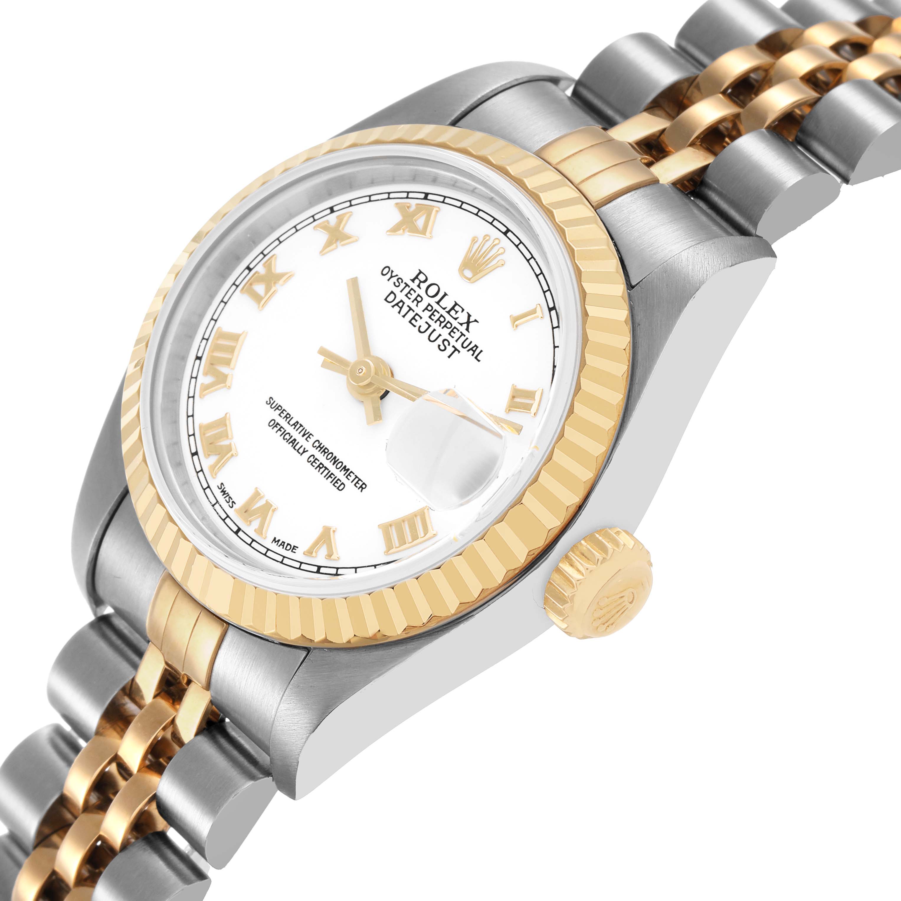 The Rolex Datejust 79173 Women's Stainless Steel White Dial watch is shown from a side angle, highlighting the gold bezel, crown, and two-tone bracelet.