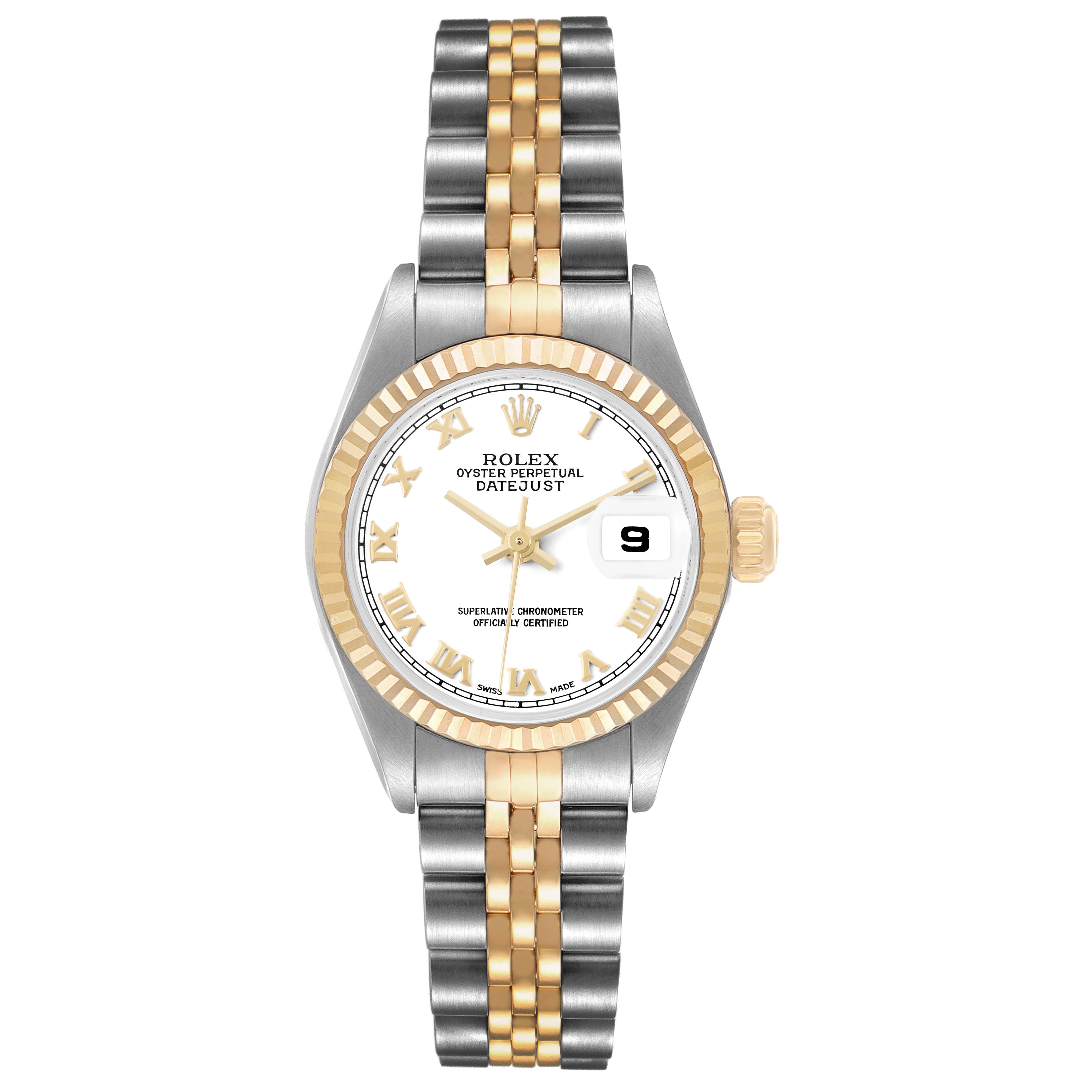 The Rolex Datejust 79173 Women's Stainless Steel White Dial watch is shown from the front, displaying the dial, bezel, crown, and two-tone bracelet.