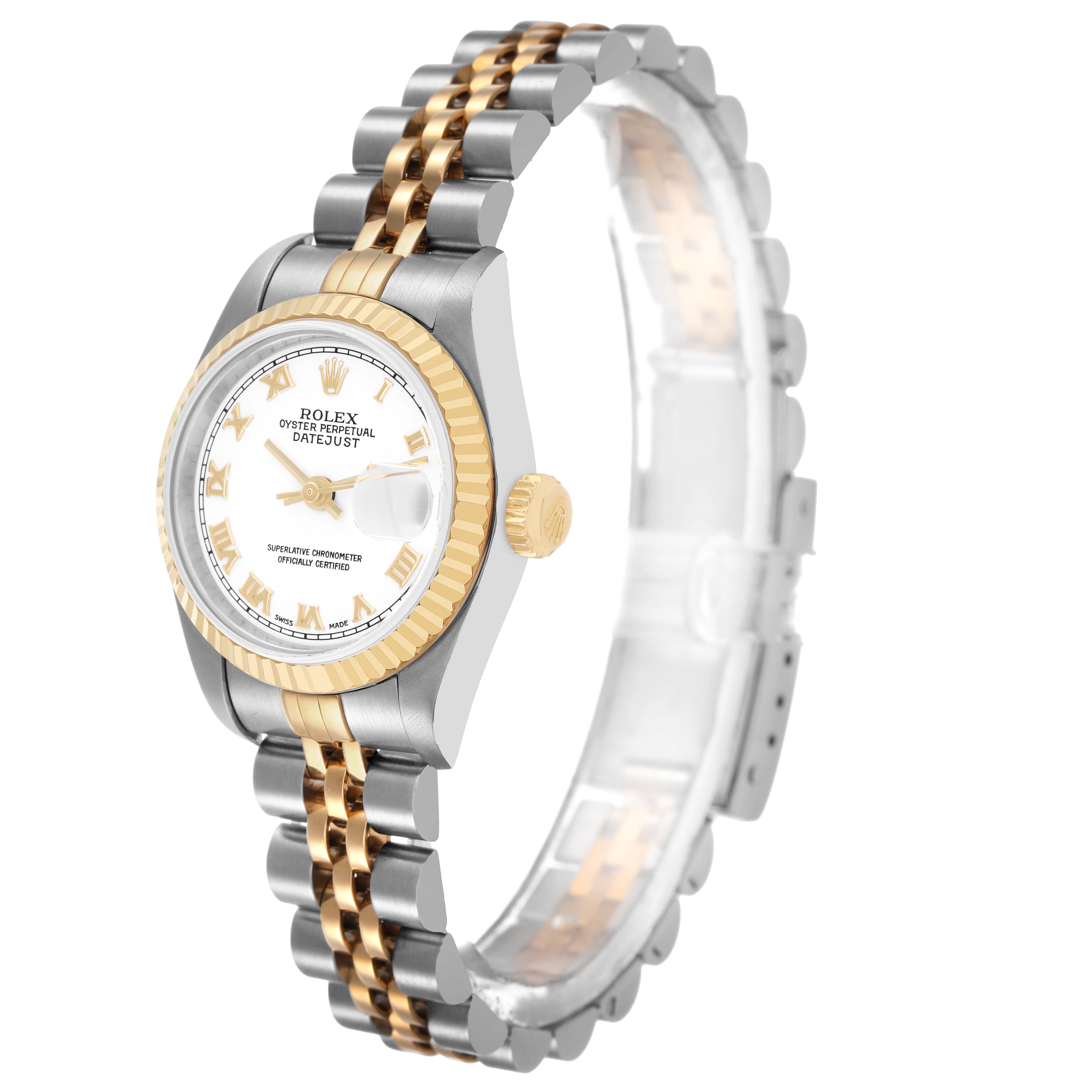 The Rolex Datejust 79173 Women's Stainless Steel White Dial watch is shown at a slight angle, displaying the face, fluted bezel, and Jubilee bracelet.