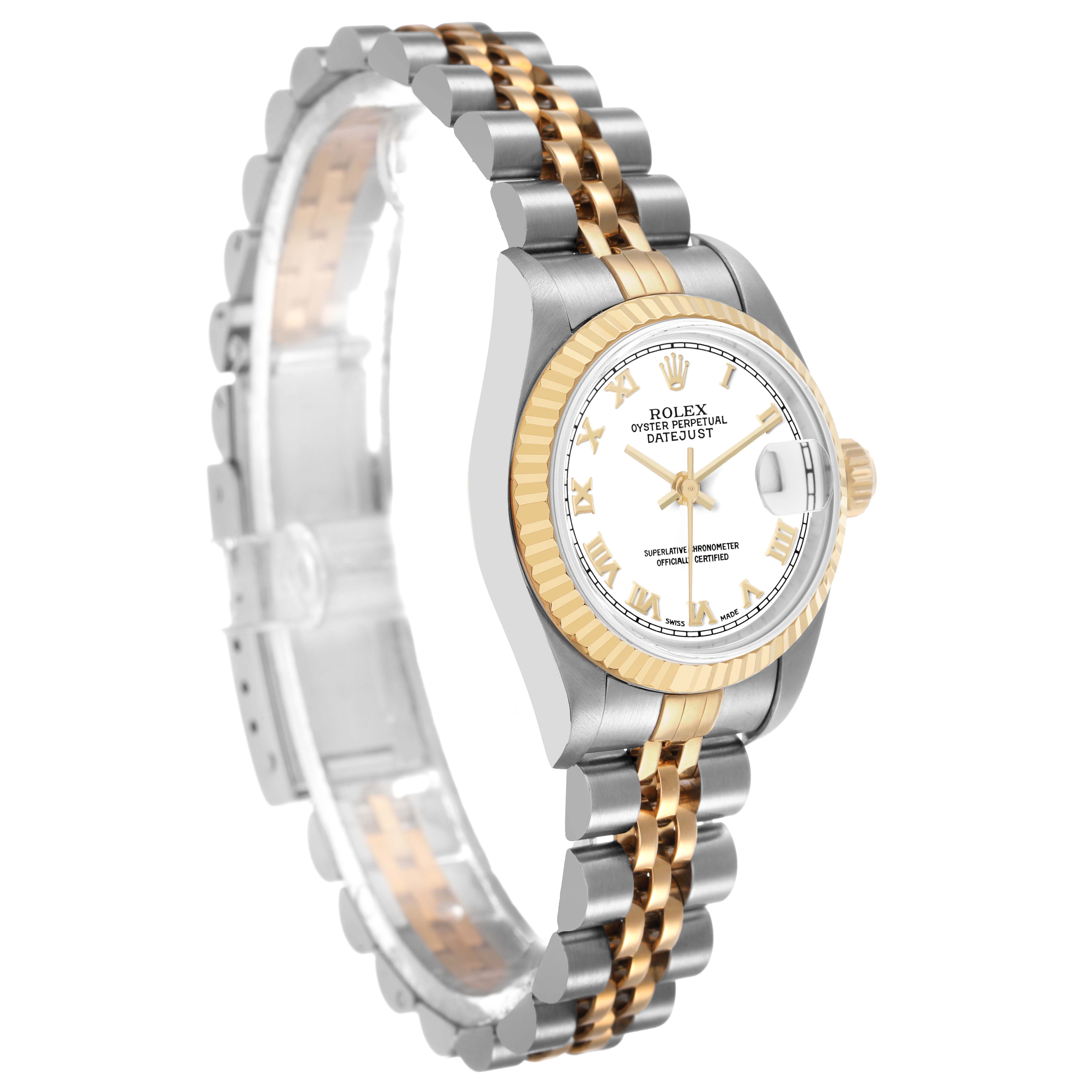 The Rolex Datejust 79173 Women's Stainless Steel White Dial watch is shown at a three-quarter angle, highlighting its case, fluted bezel, and jubilee bracelet.