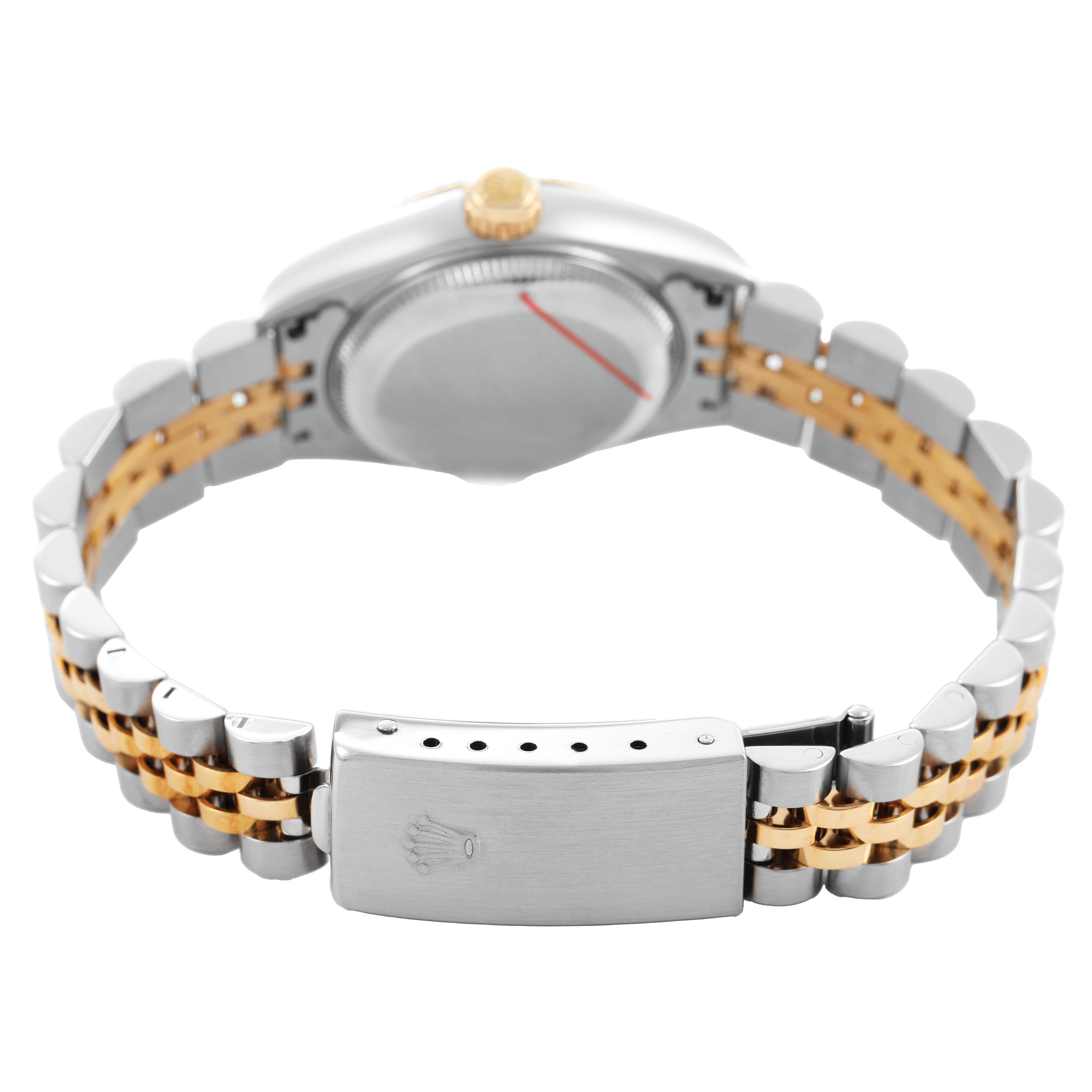 The Rolex Datejust 79173 Women's Stainless Steel White Dial watch is shown from the back, displaying the clasp, bracelet, and case back.