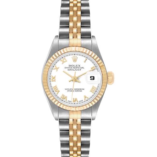 This Rolex Datejust 79173 Women's Stainless Steel White Dial watch is shown from the front, displaying its dial, bezel, and two-tone bracelet.